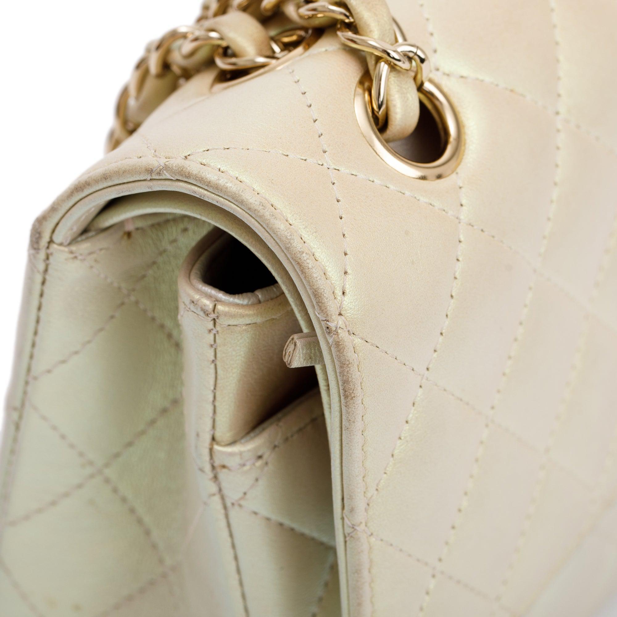 Chanel 2020 Beige Iridescent Calfskin Leather Classic Medium Double Flap Bag