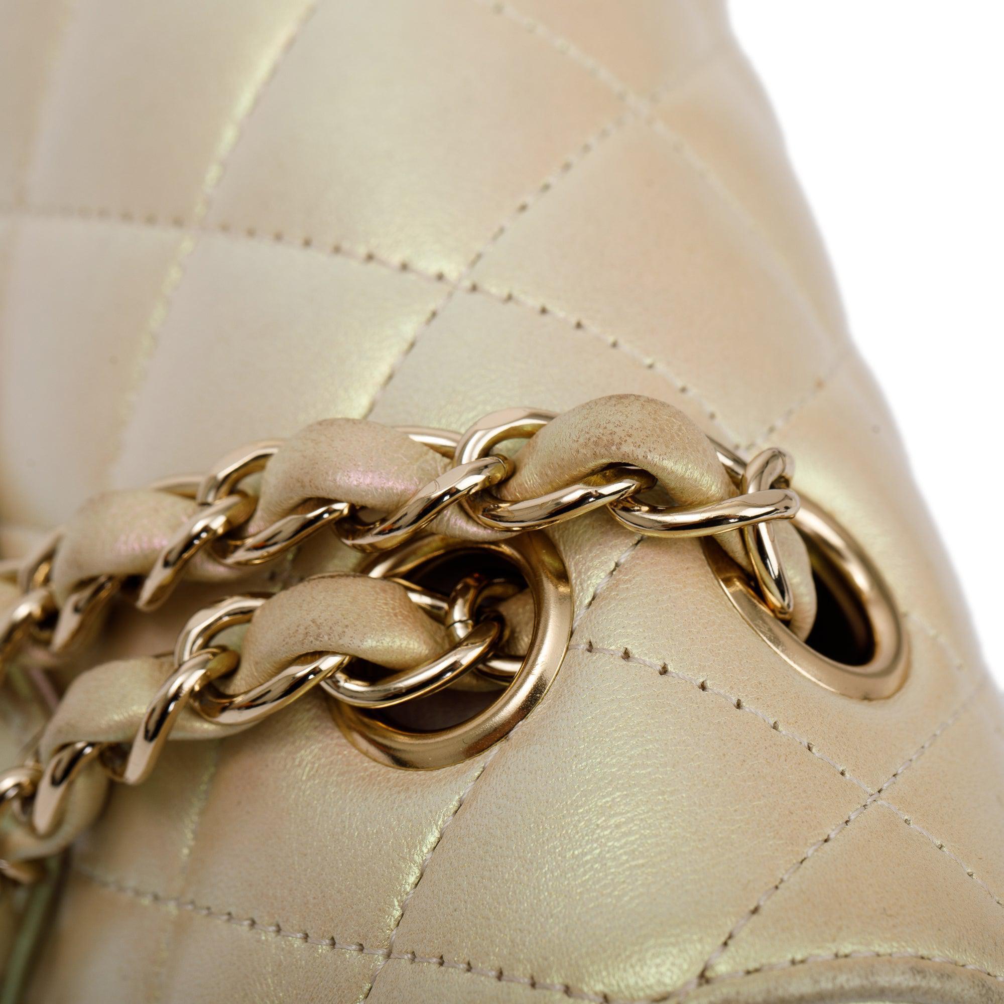 Chanel 2020 Beige Iridescent Calfskin Leather Classic Medium Double Flap Bag