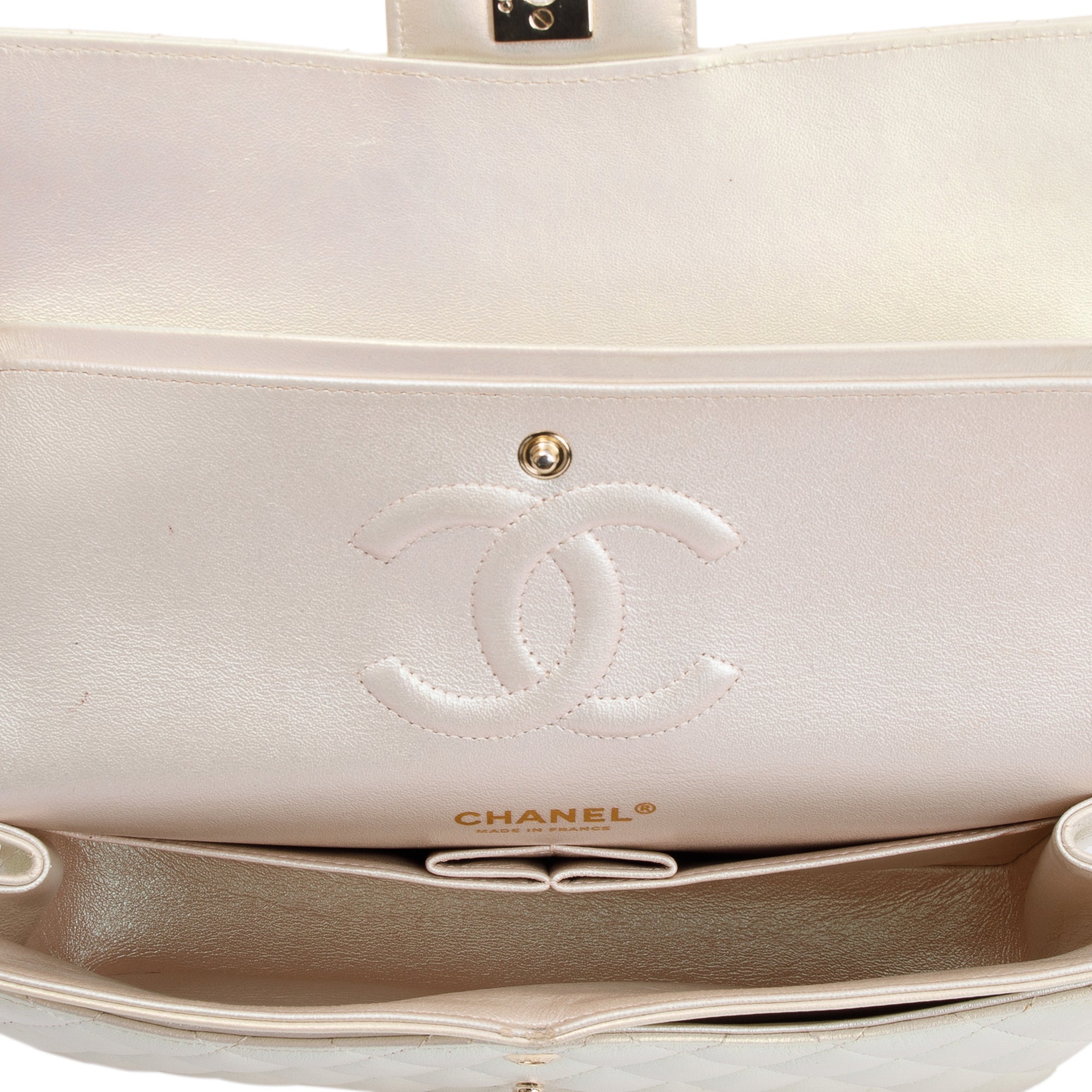 Chanel 2020 Beige Iridescent Calfskin Leather Classic Medium Double Flap Bag