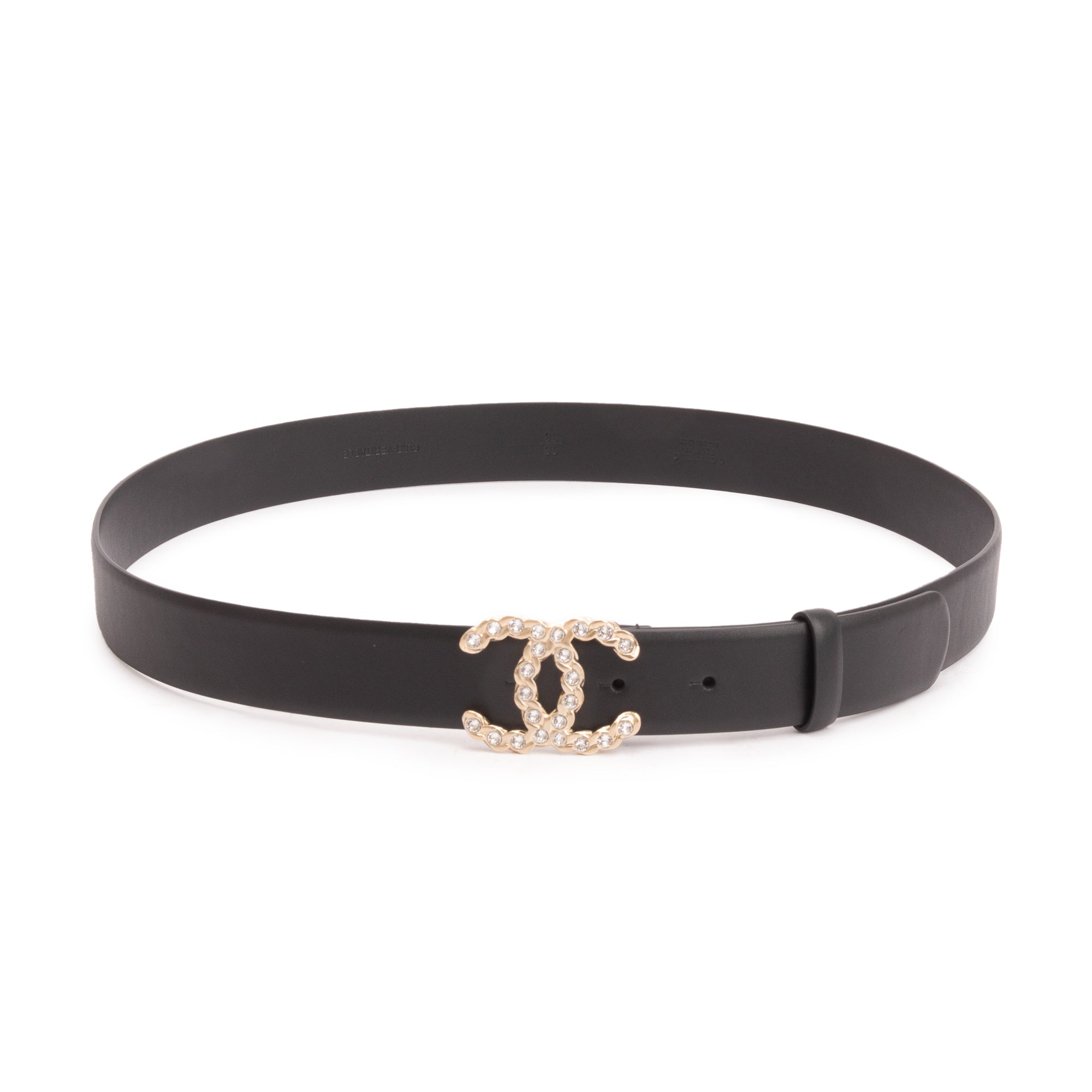 Chanel 2020 Black Calfskin Leather Strass CC Buckle Belt 95 38