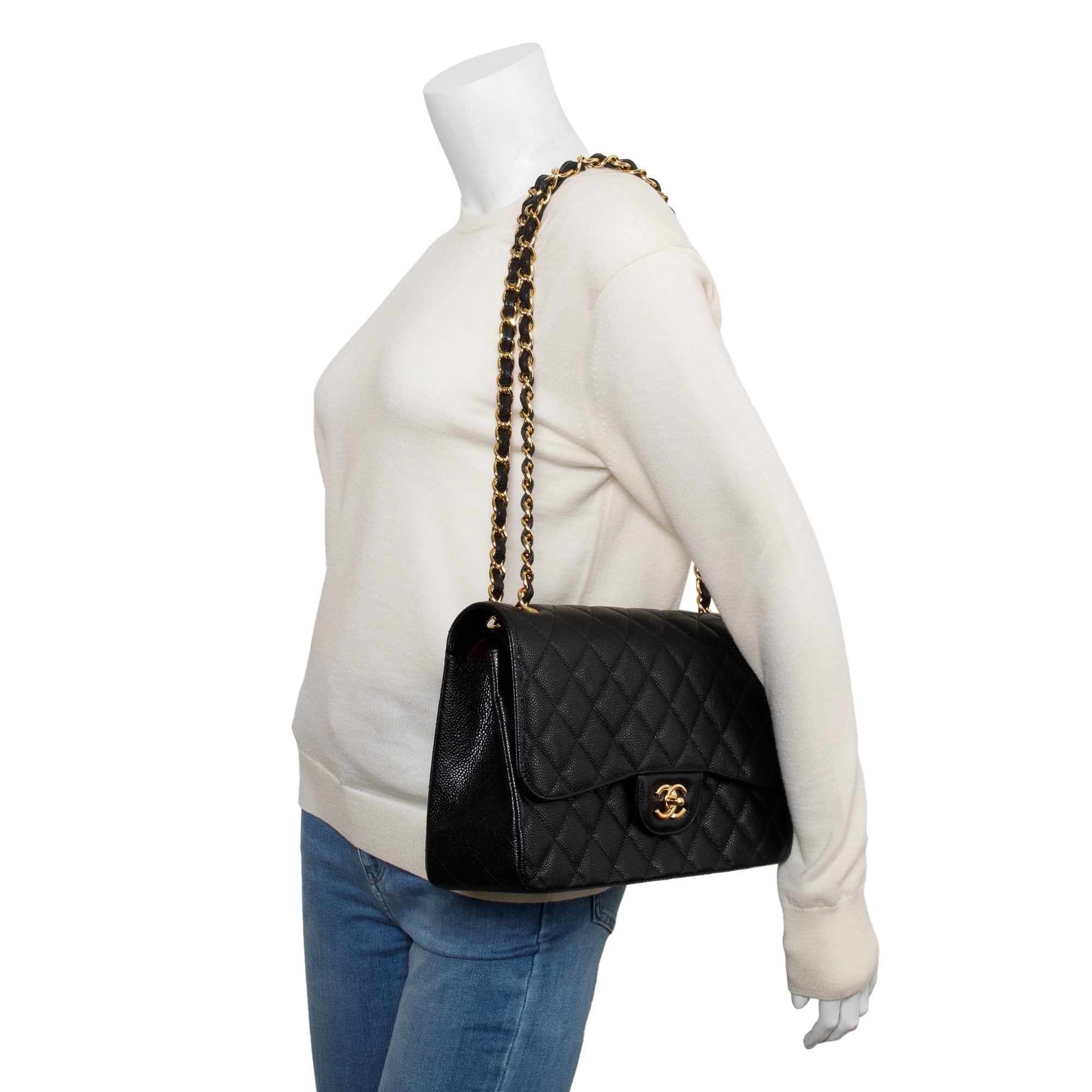 Chanel 2020 Black Caviar Classic Jumbo Double Flap Bag w/ Box & Authenticity Card