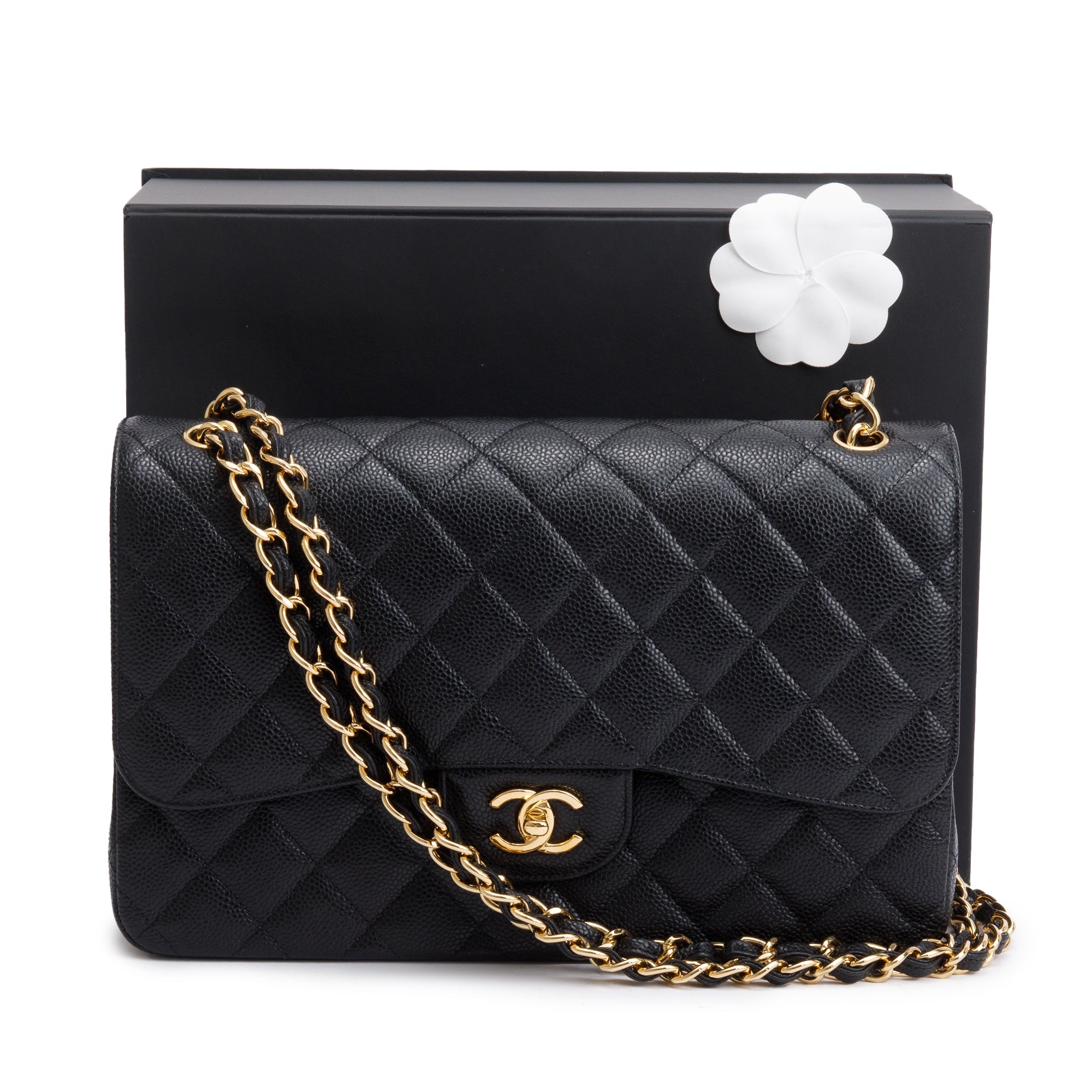 Chanel 2020 Black Caviar Classic Jumbo Double Flap Bag w/ Box & Authenticity Card