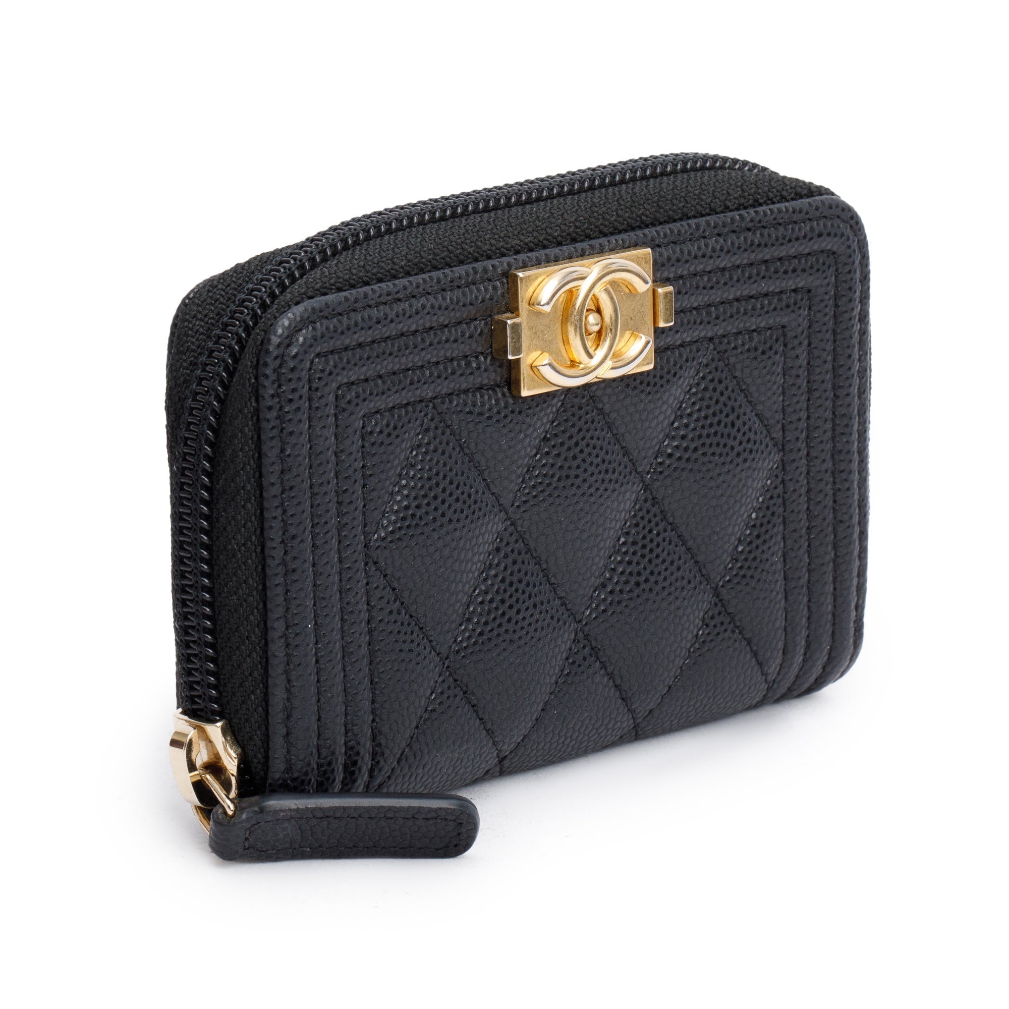 Chanel 2020 Black Caviar Leather Zip Around Boy Coin Purse w/ Box, Receipt & Authenticity Card