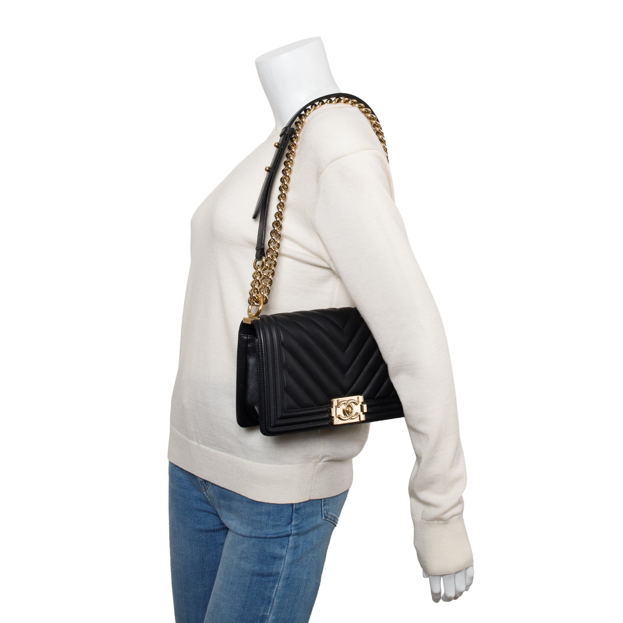 Chanel 2020 Black Chevron Quilted Lambskin Leather Medium Boy Bag w/ Box, Receipt & Authenticity Card