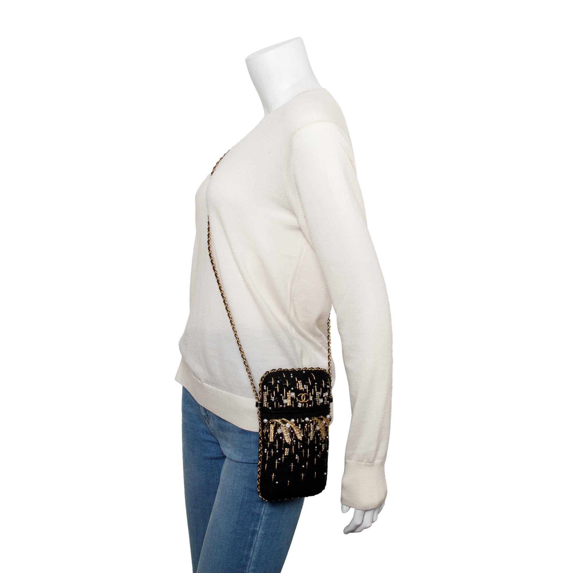 Chanel 2020 Black Jersey Faux Pearl & Crystal Embellished Clutch With Chain