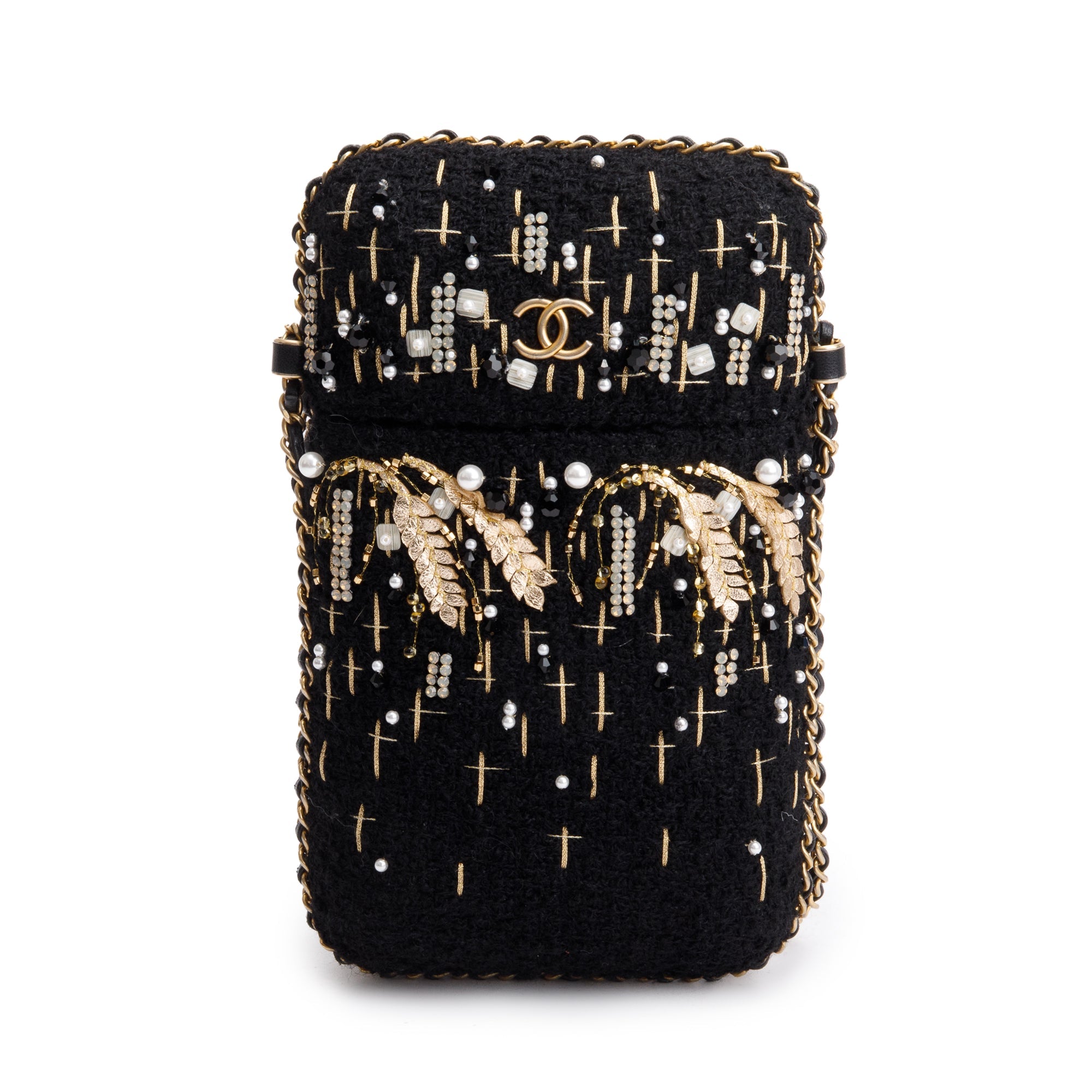 Chanel 2020 Black Jersey Faux Pearl & Crystal Embellished Clutch With Chain