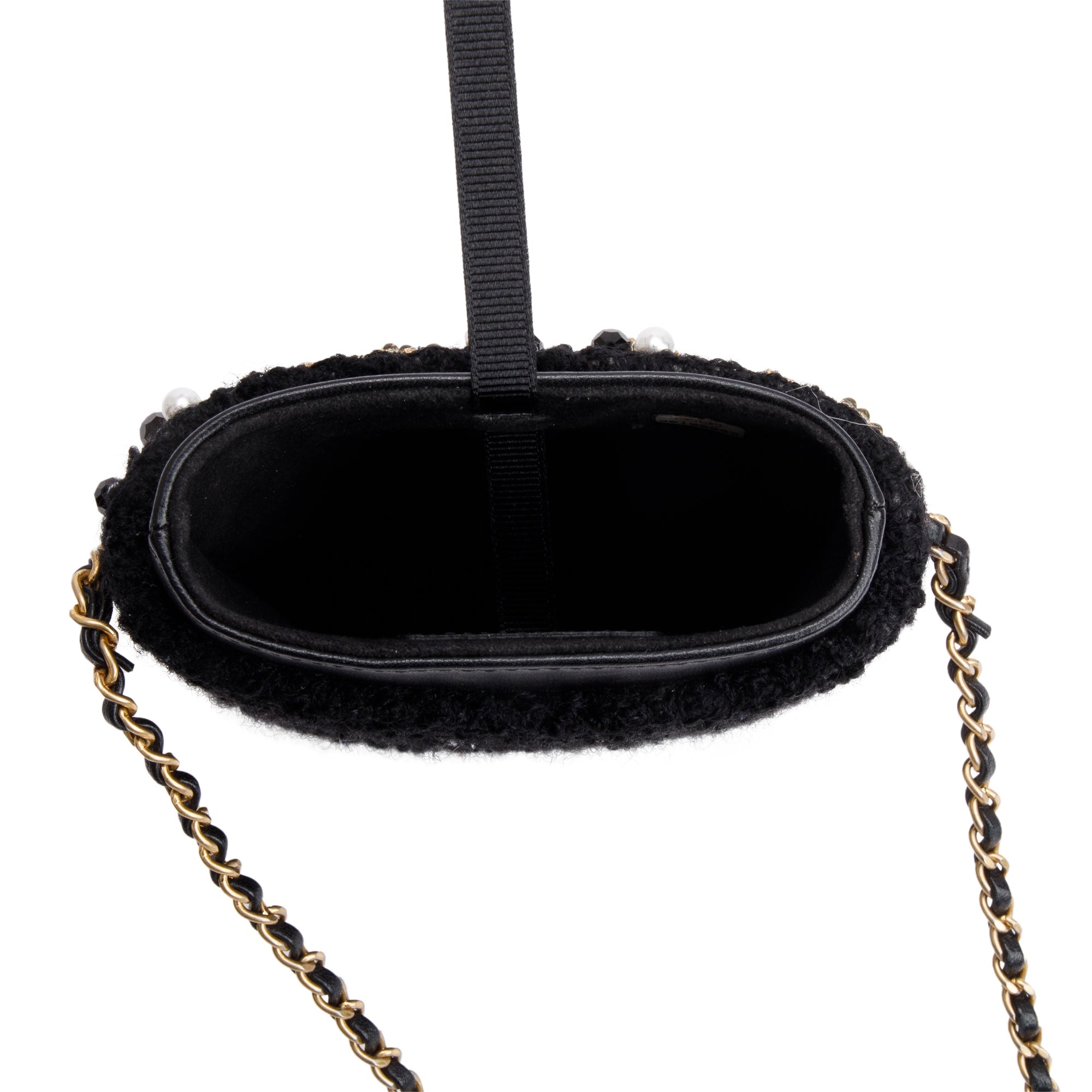 Chanel 2020 Black Jersey Faux Pearl & Crystal Embellished Clutch With Chain