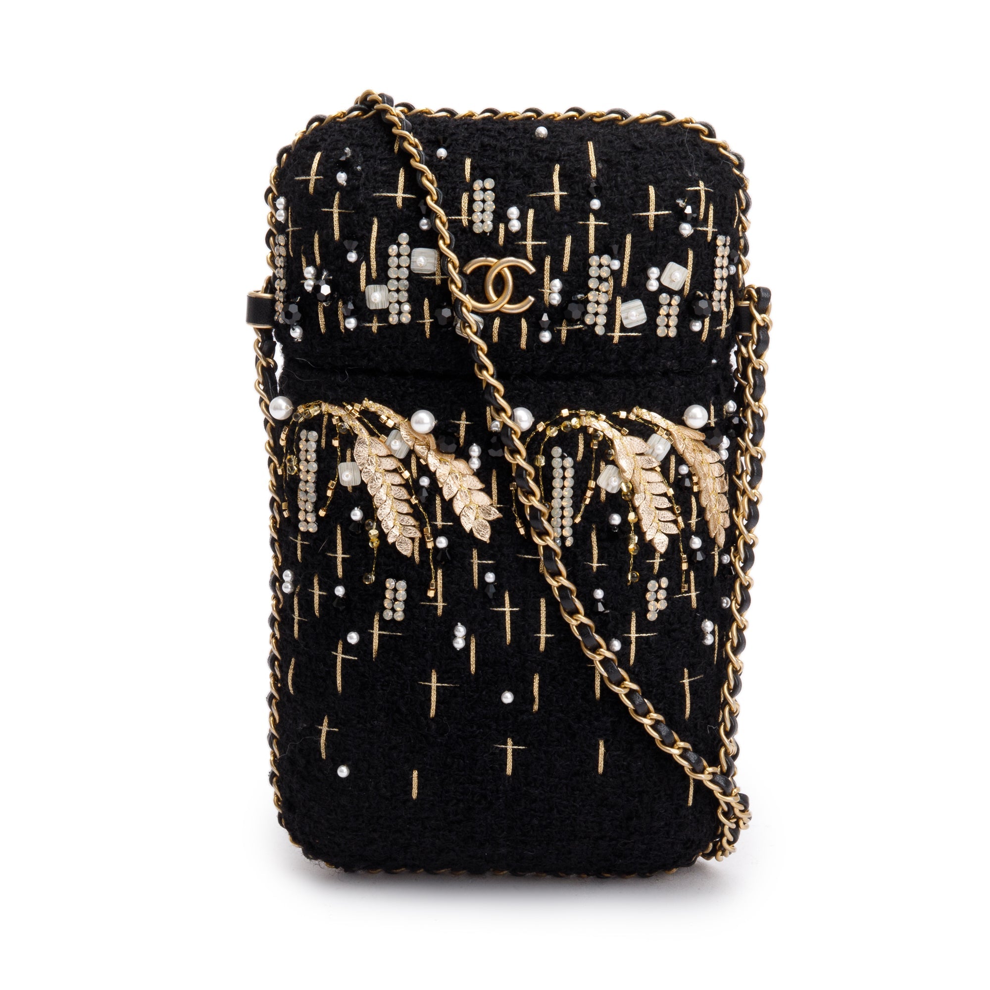 Chanel 2020 Black Jersey Faux Pearl & Crystal Embellished Clutch With Chain