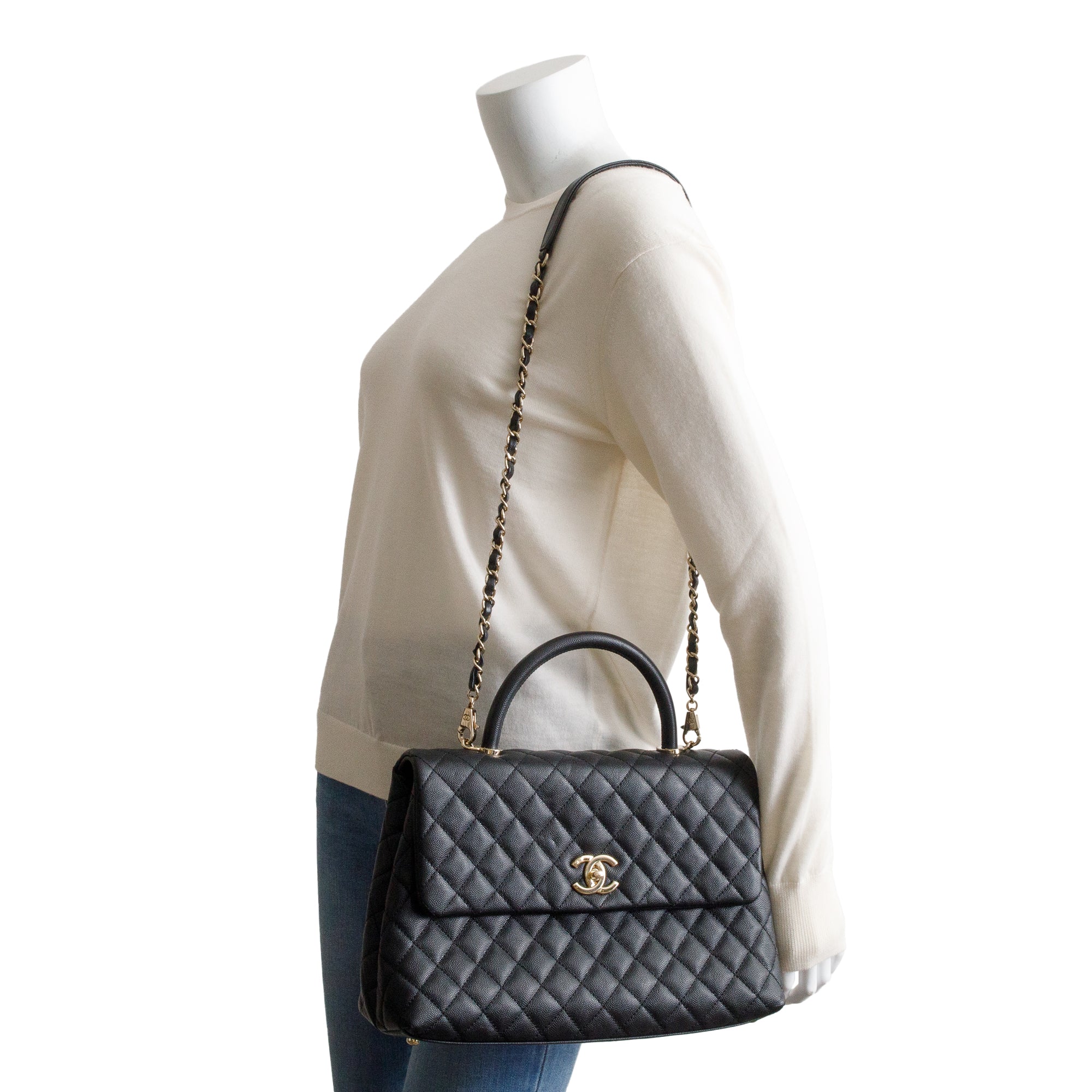 Chanel 2020 Black Quilted Caviar Leather Maxi Top Handle Flap Bag w/ Strap