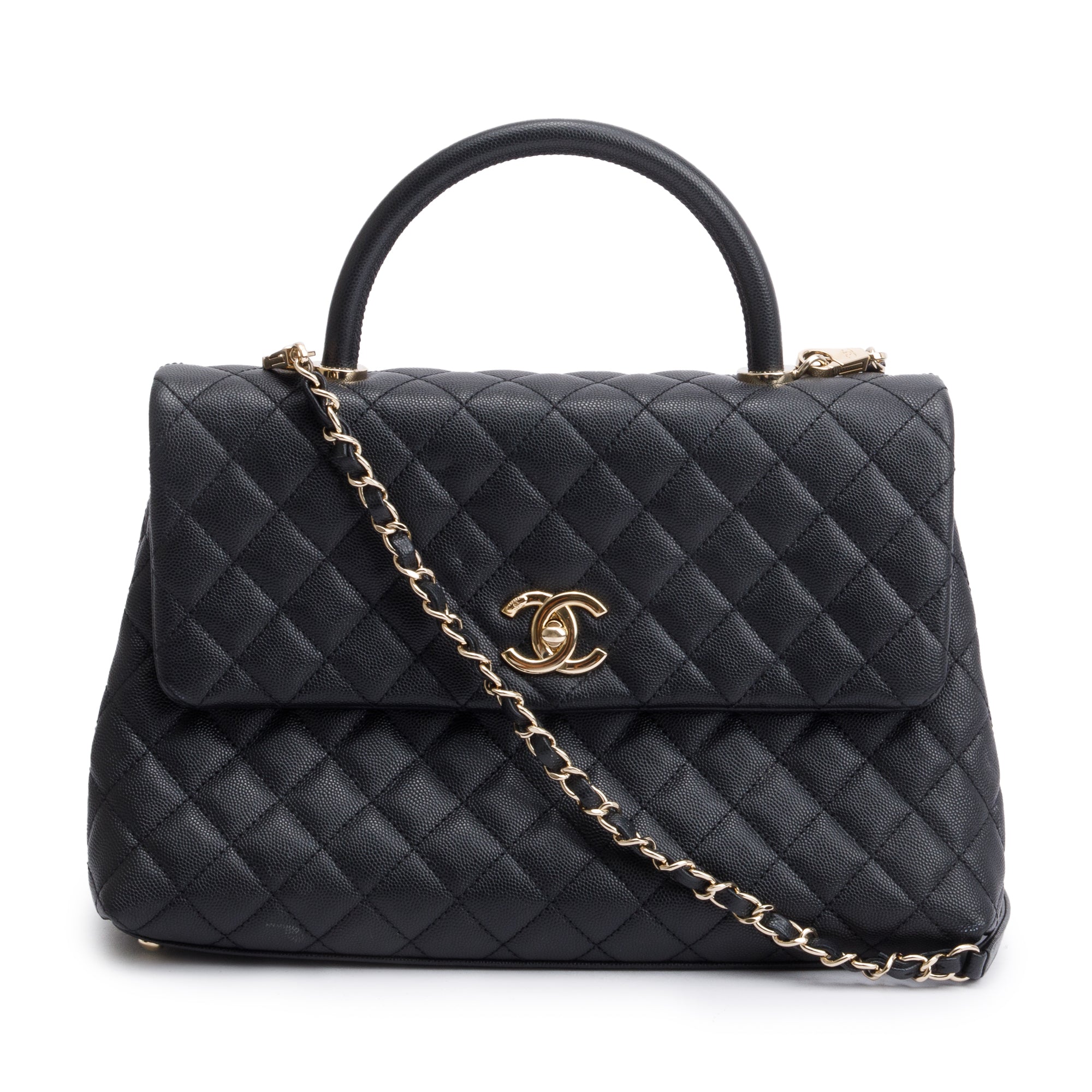 Chanel 2020 Black Quilted Caviar Leather Maxi Top Handle Flap Bag w/ Strap
