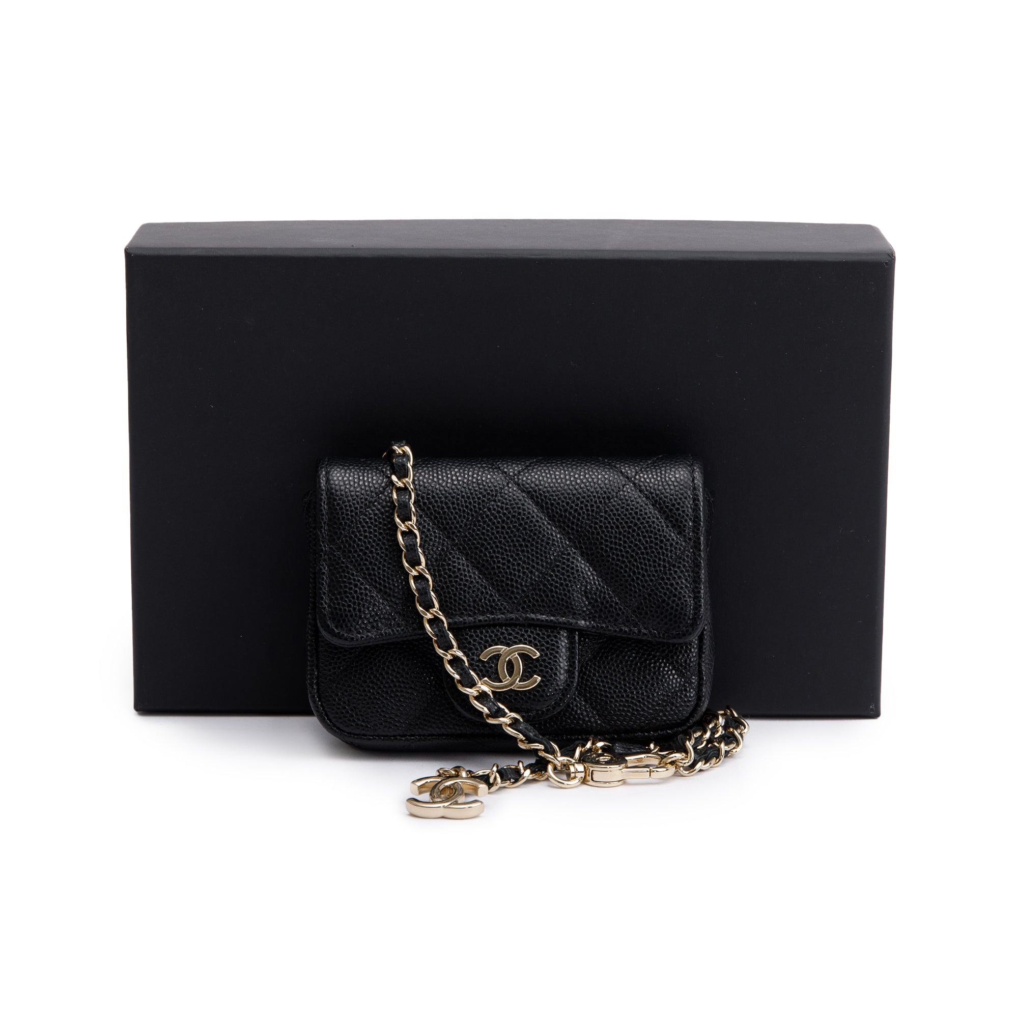Chanel 2020 Black Quilted Caviar Leather Mini Chain Belt Bag w/ Box