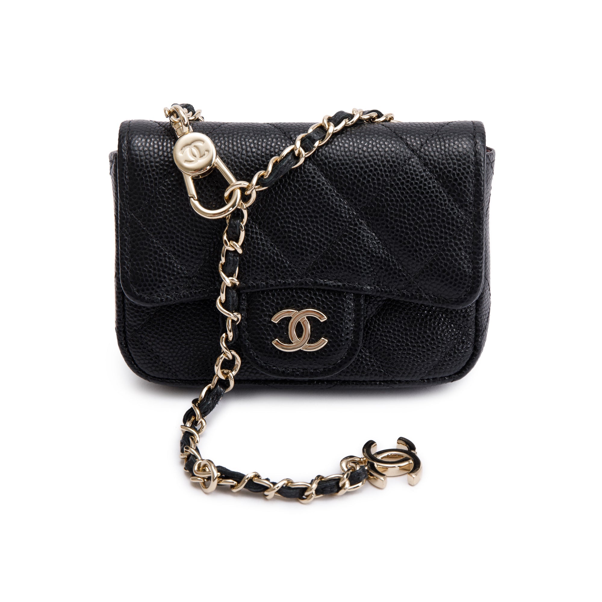 Chanel 2020 Black Quilted Caviar Leather Mini Chain Belt Bag w/ Box