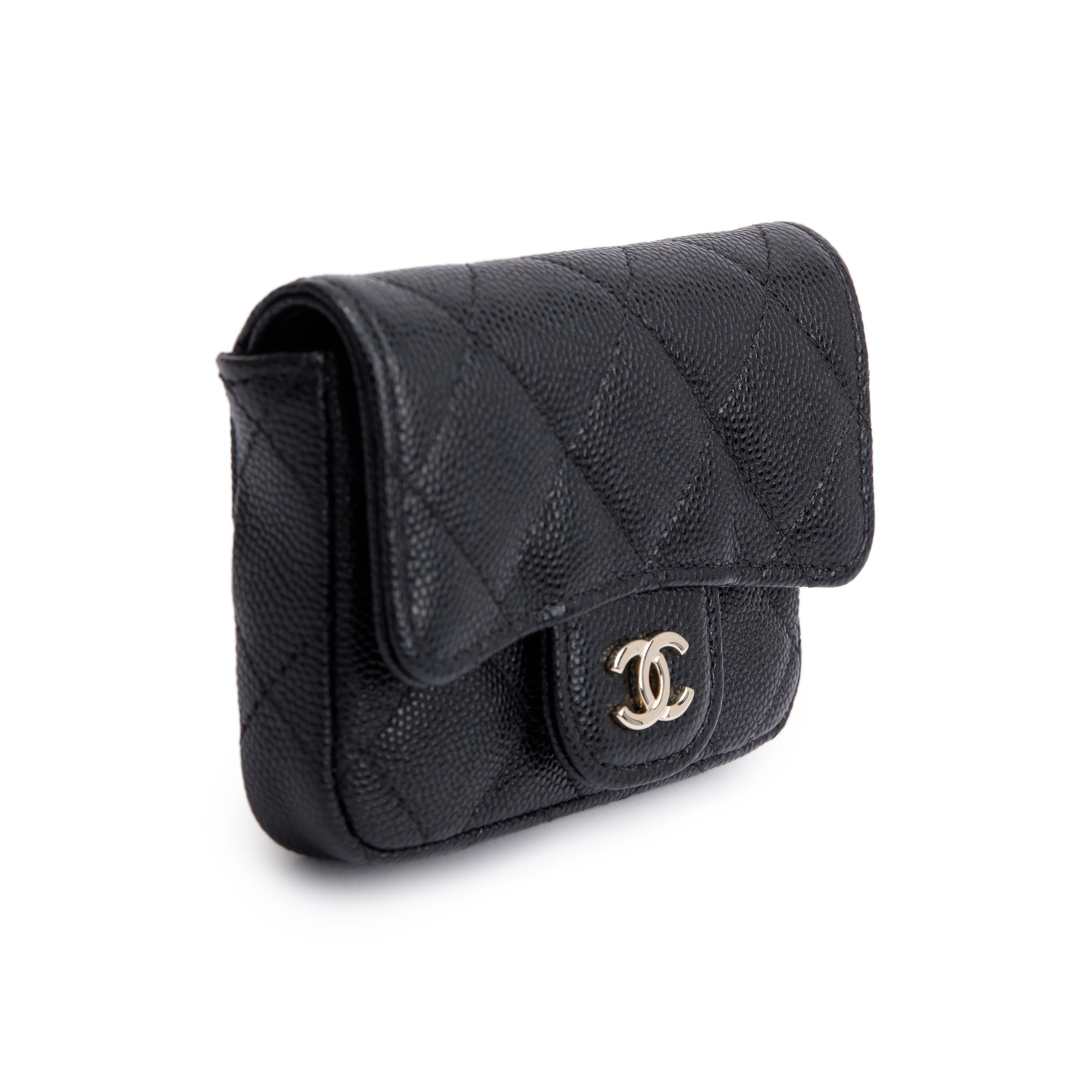 Chanel 2020 Black Quilted Caviar Leather Mini Chain Belt Bag w/ Box