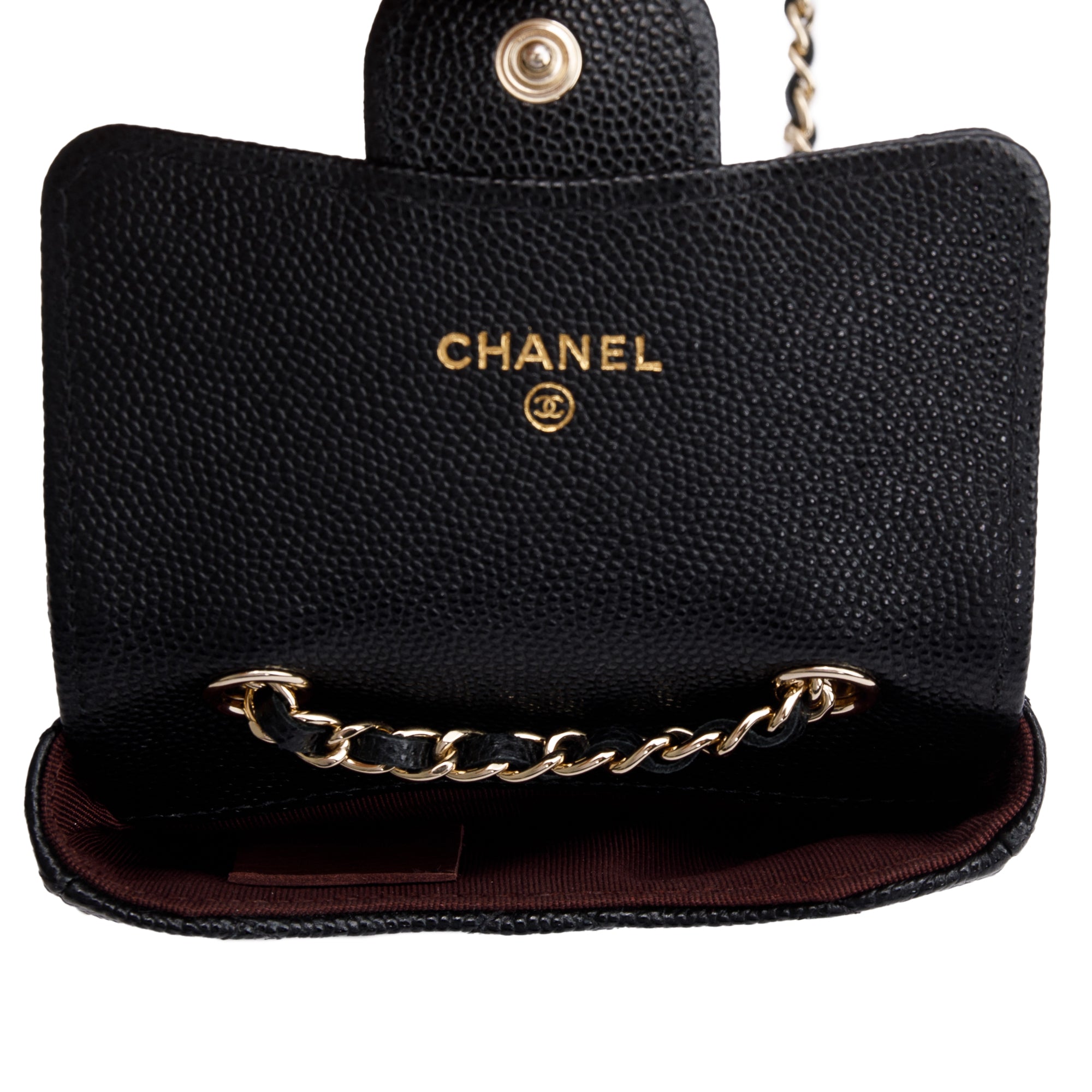 Chanel 2020 Black Quilted Caviar Leather Mini Chain Belt Bag w/ Box