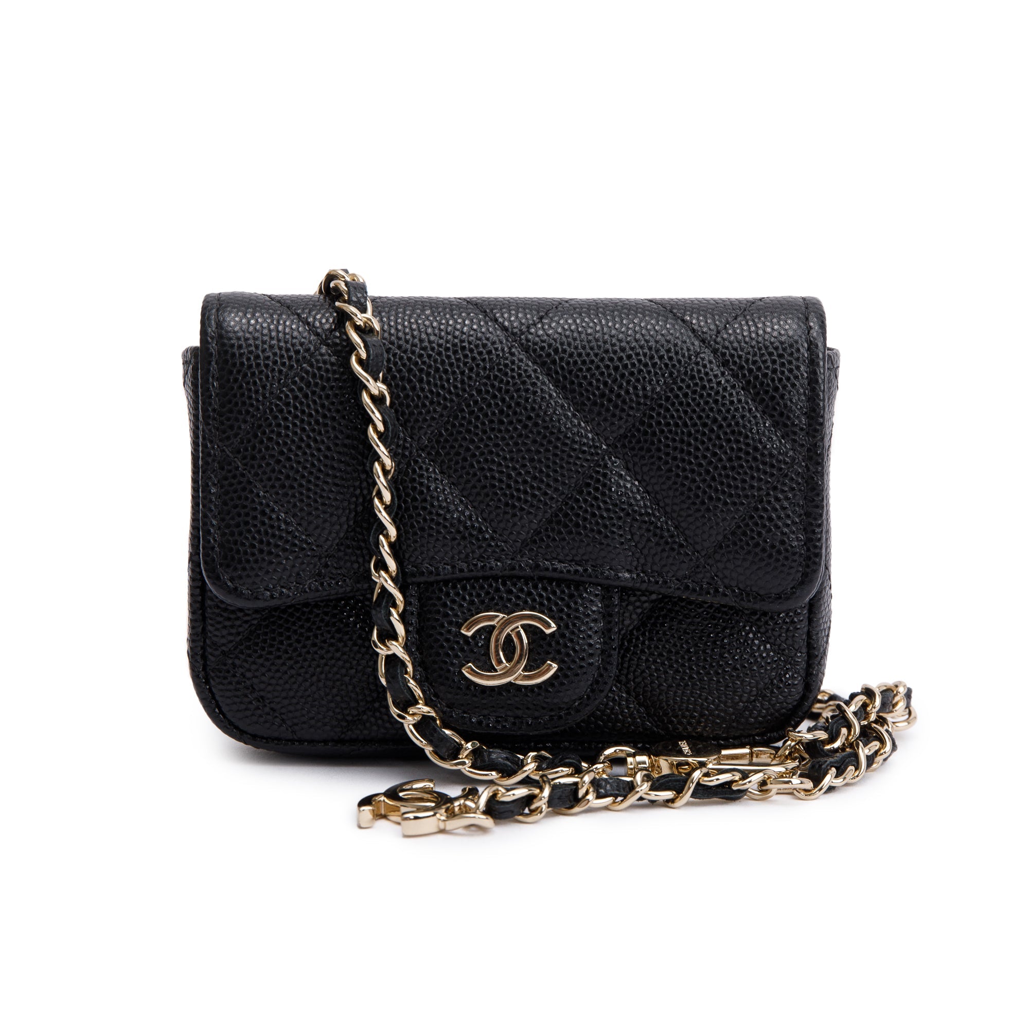 Chanel 2020 Black Quilted Caviar Leather Mini Chain Belt Bag w/ Box