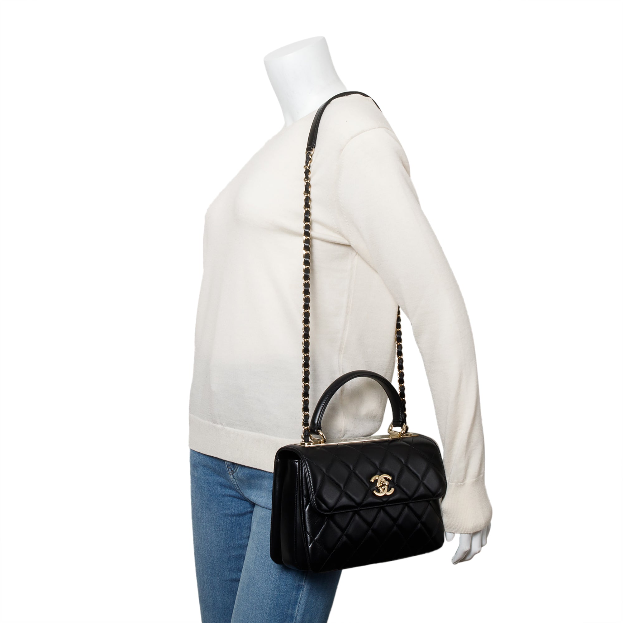 Chanel 2020 Black Quilted Lambskin Trendy CC Small Top Handle Flap Bag w/ Box & Authenticity Card