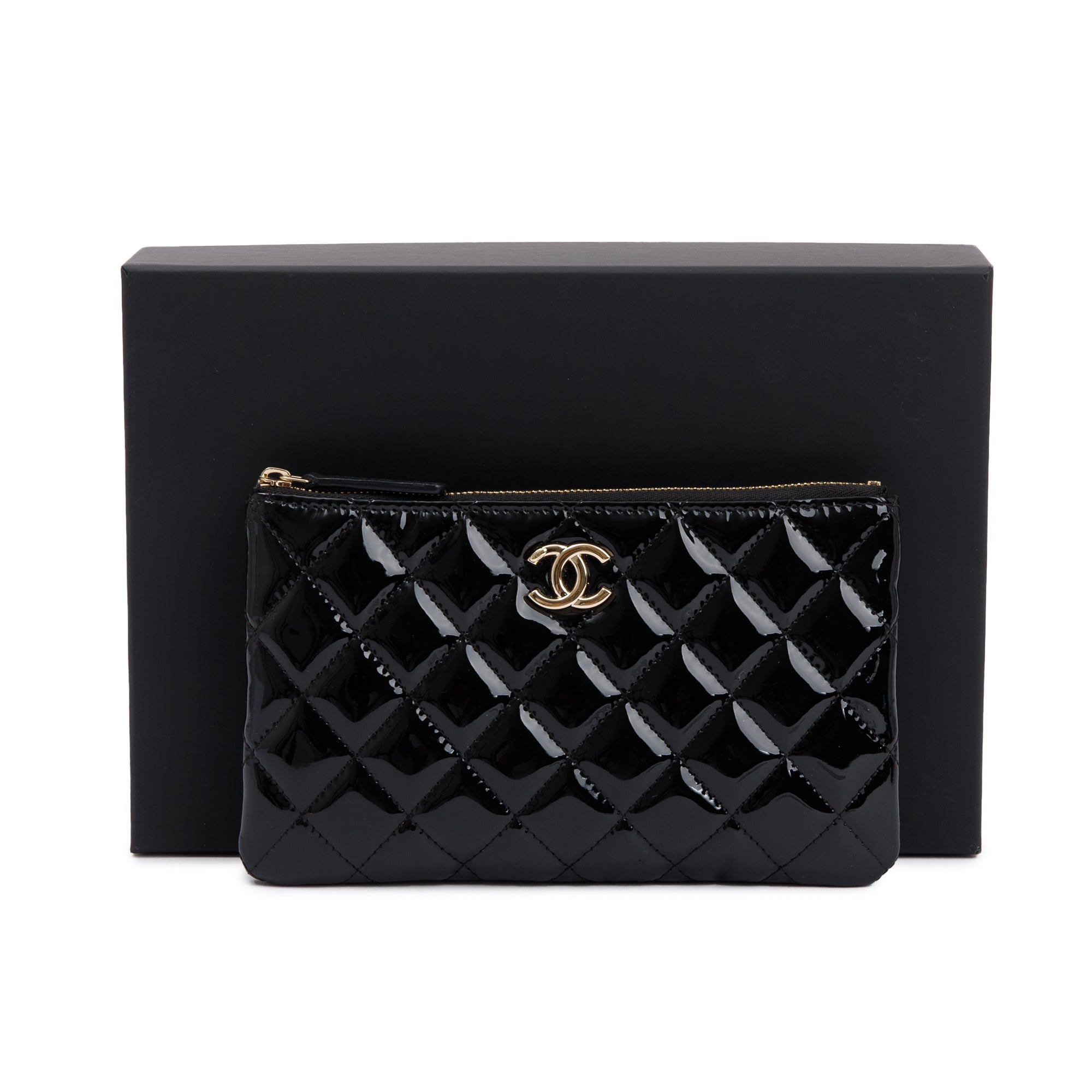 Chanel 2020 Black Quilted Patent Leather Classic Pouchw/ Box