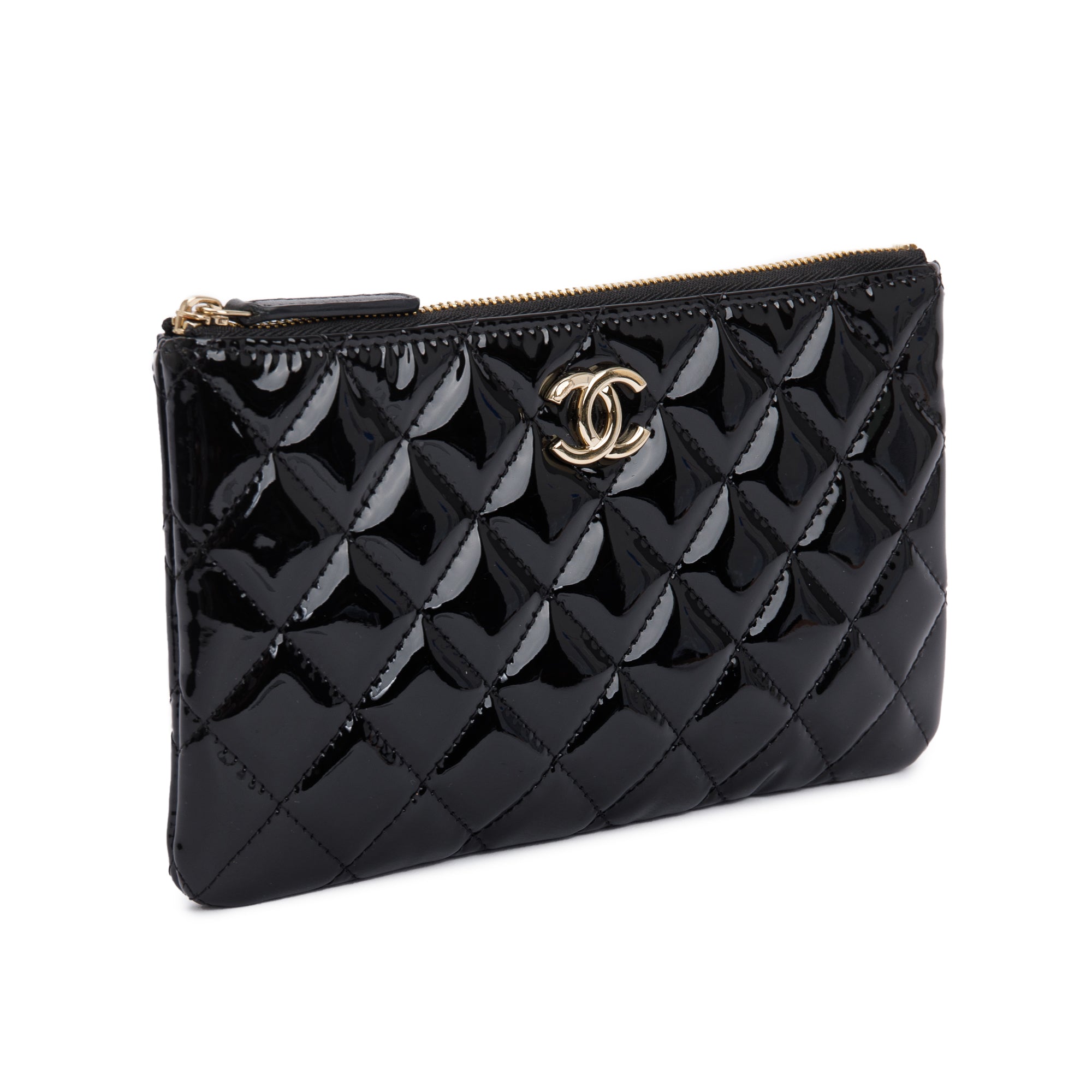 Chanel 2020 Black Quilted Patent Leather Classic Pouchw/ Box