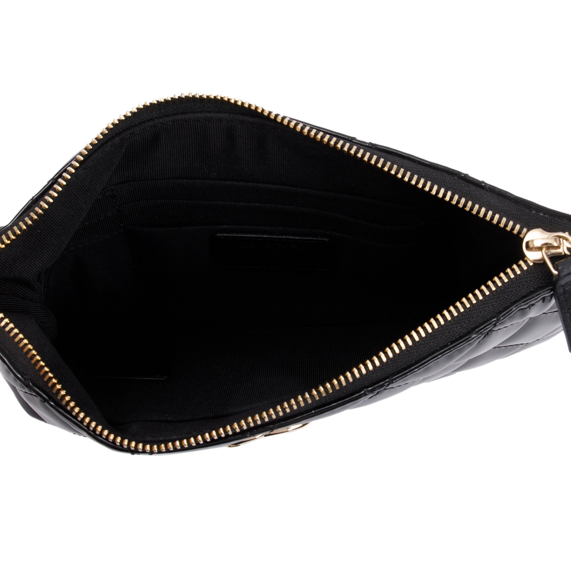 Chanel 2020 Black Quilted Patent Leather Classic Pouchw/ Box