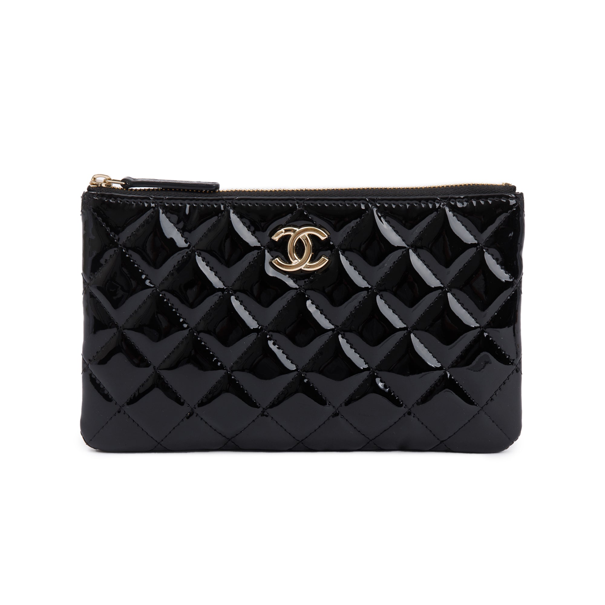 Chanel 2020 Black Quilted Patent Leather Classic Pouchw/ Box