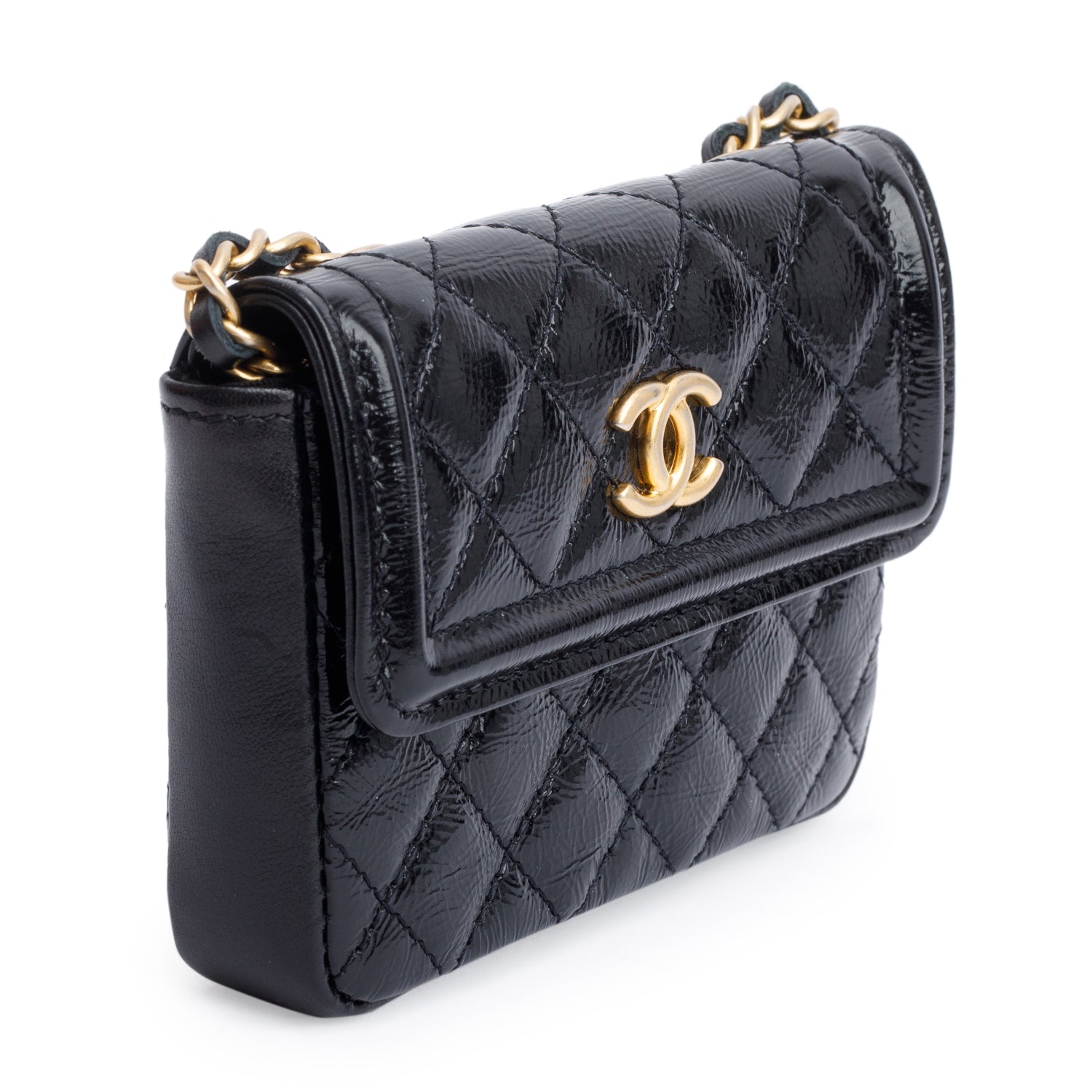 Chanel 2020 Black Quilted Shiny Aged Calfskin Leather Mini Chain Belt Bag w/ Authenticity Card