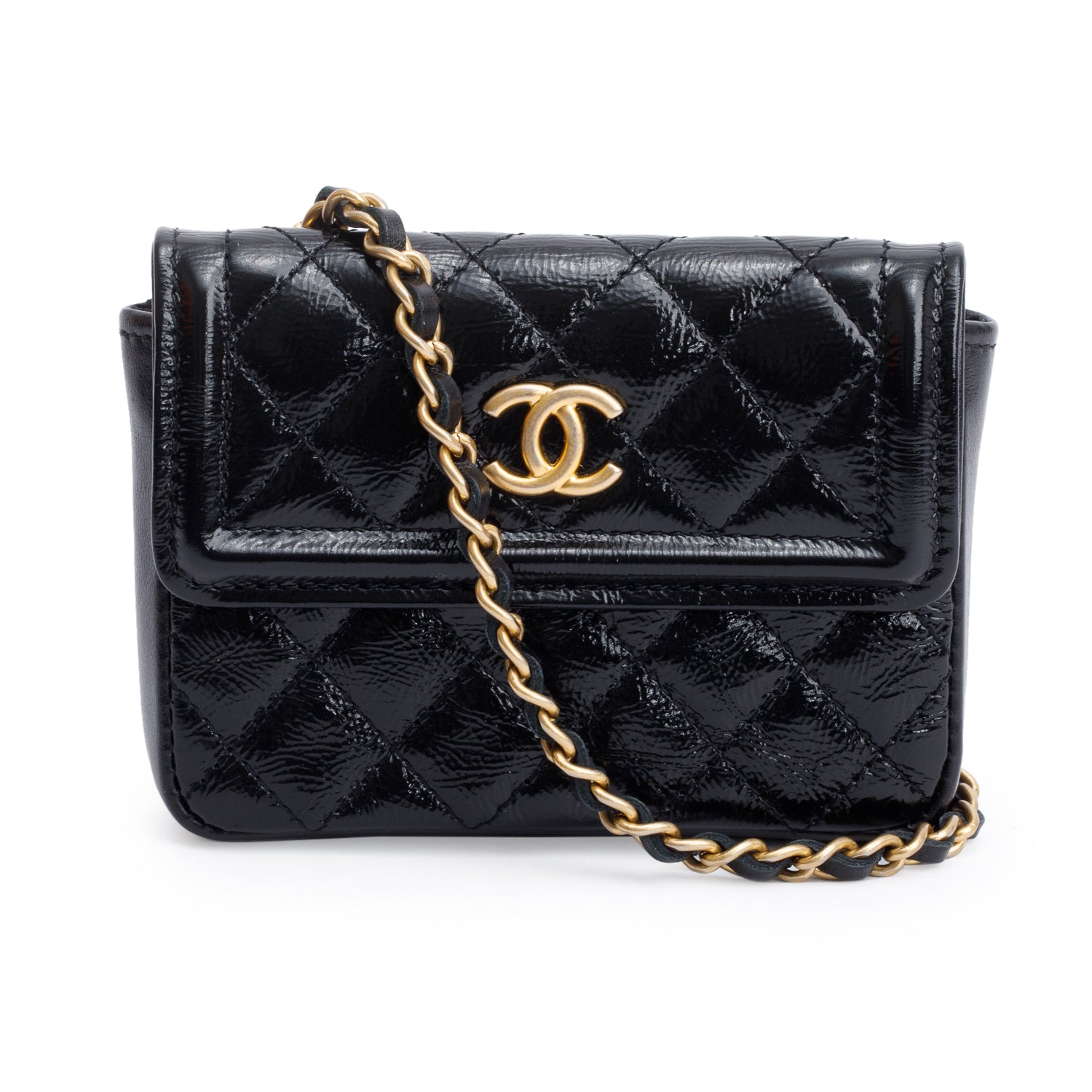 Chanel 2020 Black Quilted Shiny Aged Calfskin Leather Mini Chain Belt Bag w/ Authenticity Card