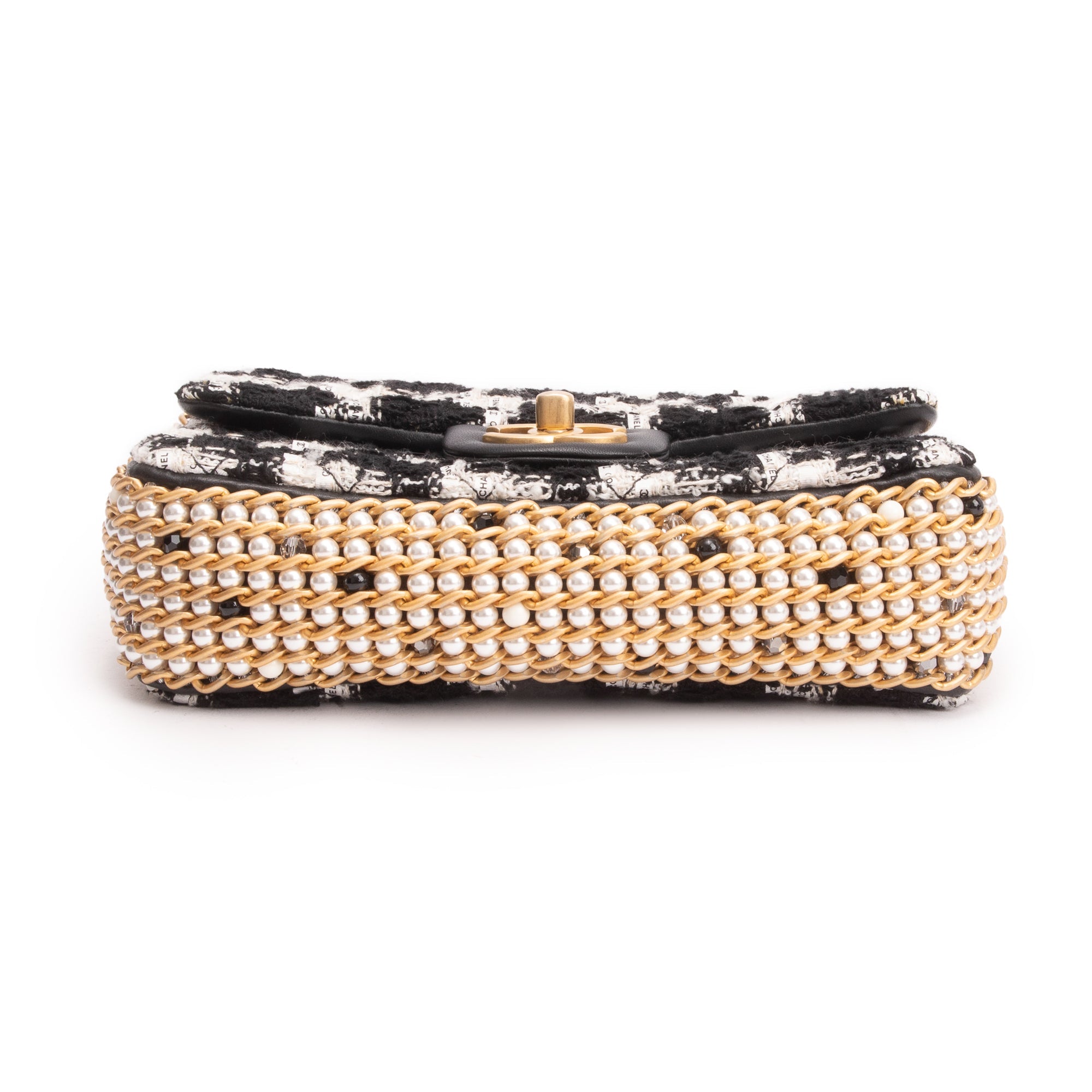 Chanel 2020 Black/White Tweed River Of Pearls Flap Bag w/ Authenticity Card