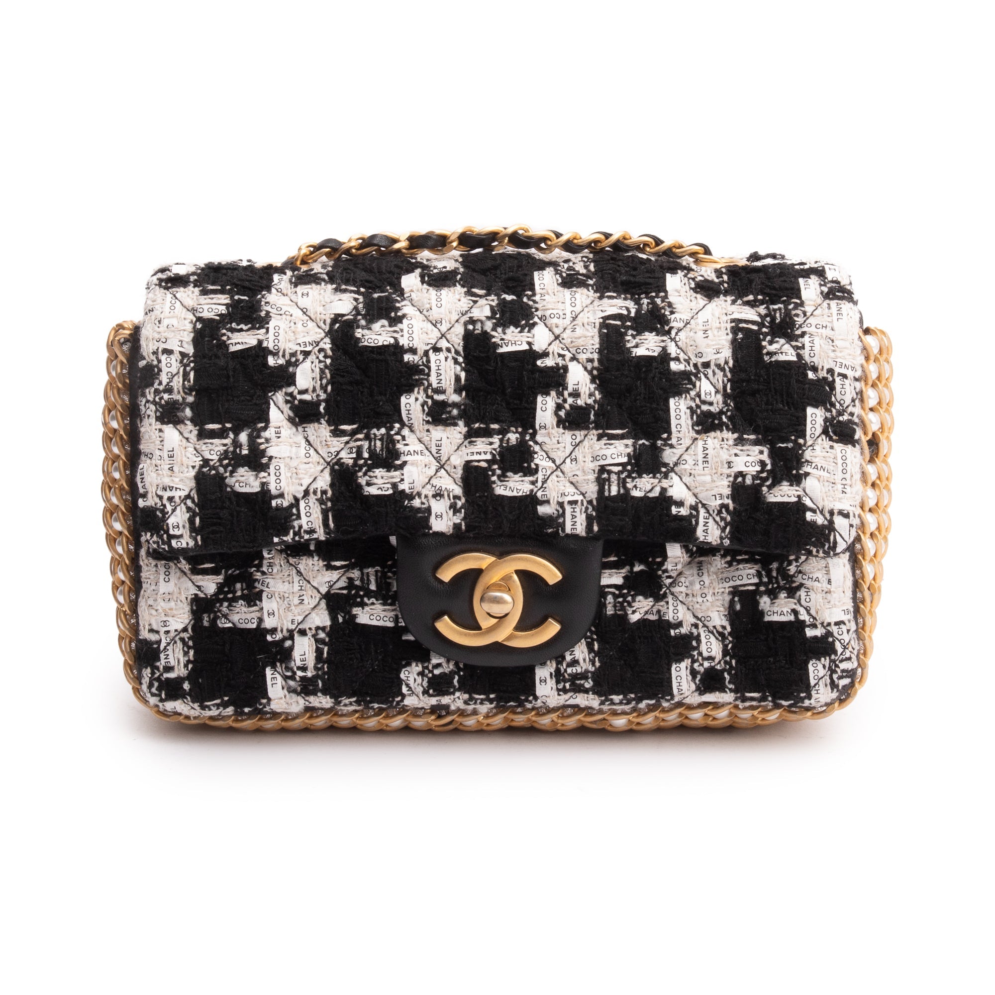 Chanel 2020 Black/White Tweed River Of Pearls Flap Bag w/ Authenticity Card