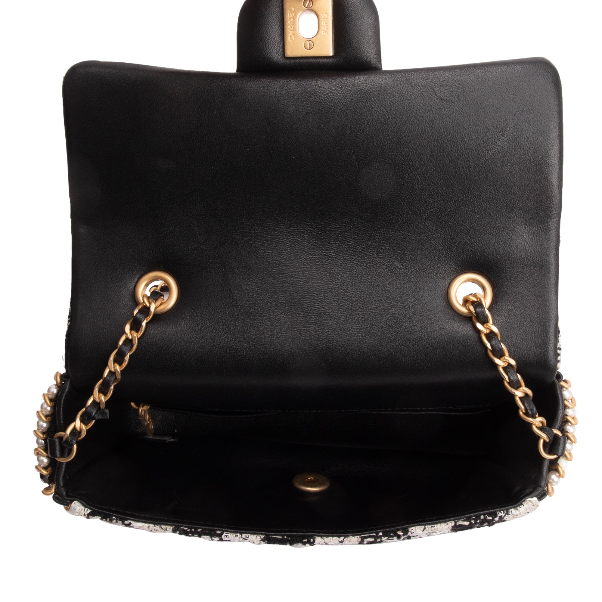 Chanel 2020 Black/White Tweed River Of Pearls Flap Bag w/ Authenticity Card