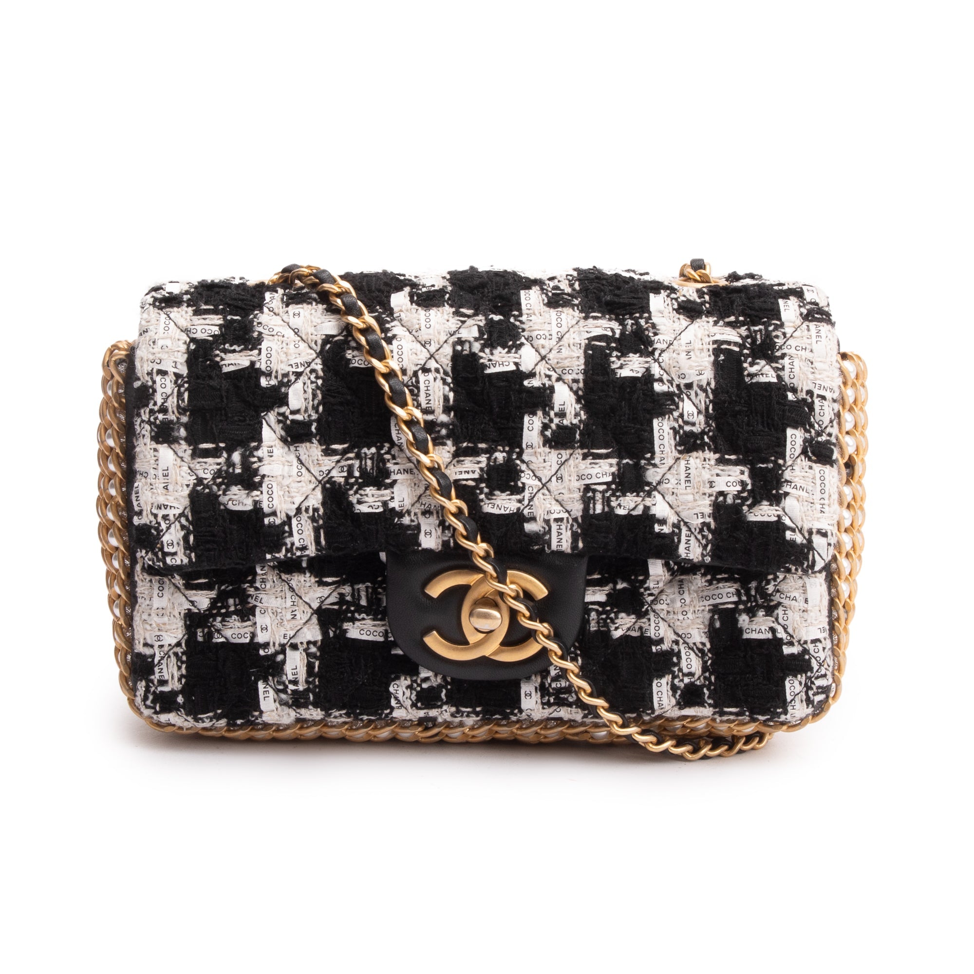 Chanel 2020 Black/White Tweed River Of Pearls Flap Bag w/ Authenticity Card