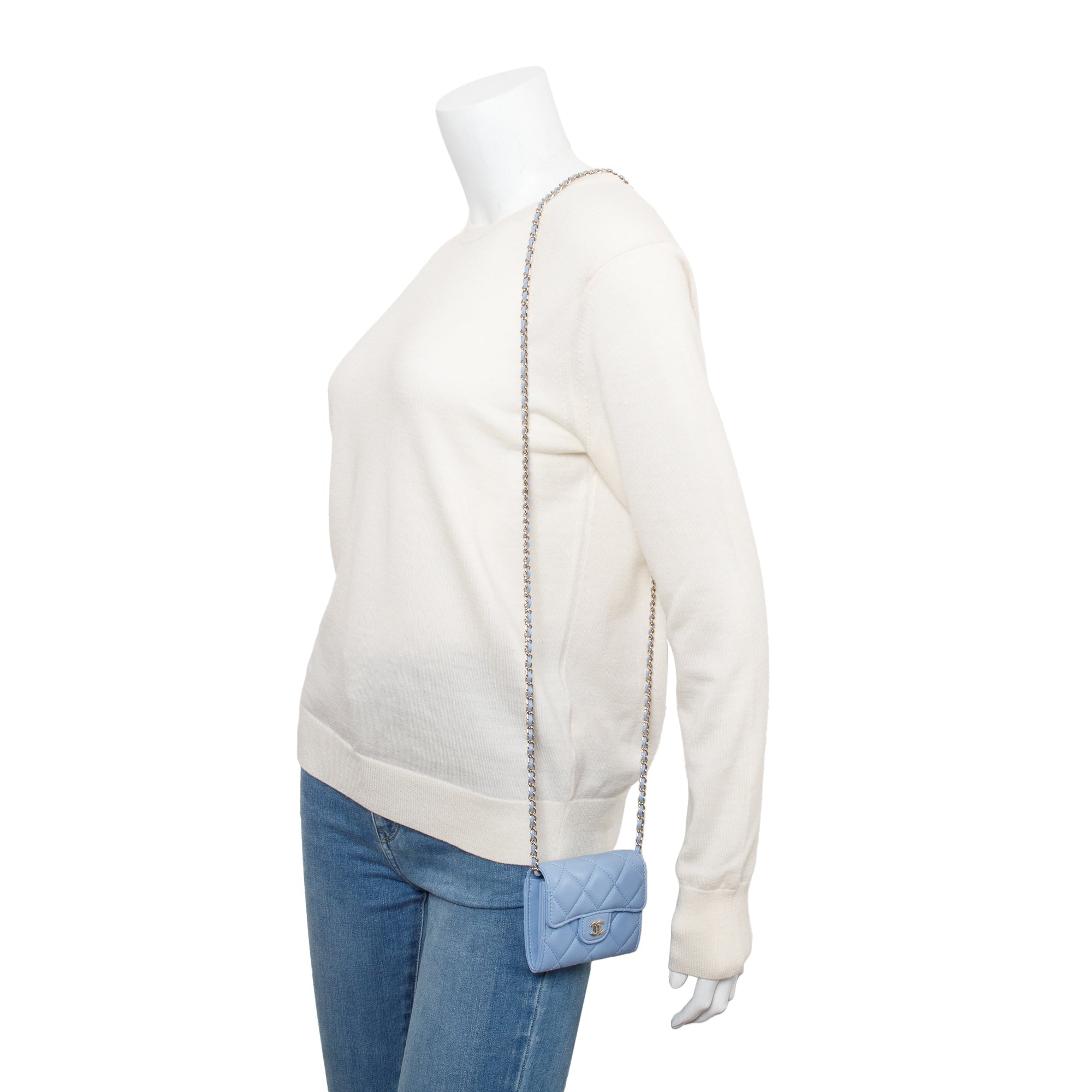 Chanel 2020 Blue Lambskin Quilted Leather Card Holder On Chain w/ Box