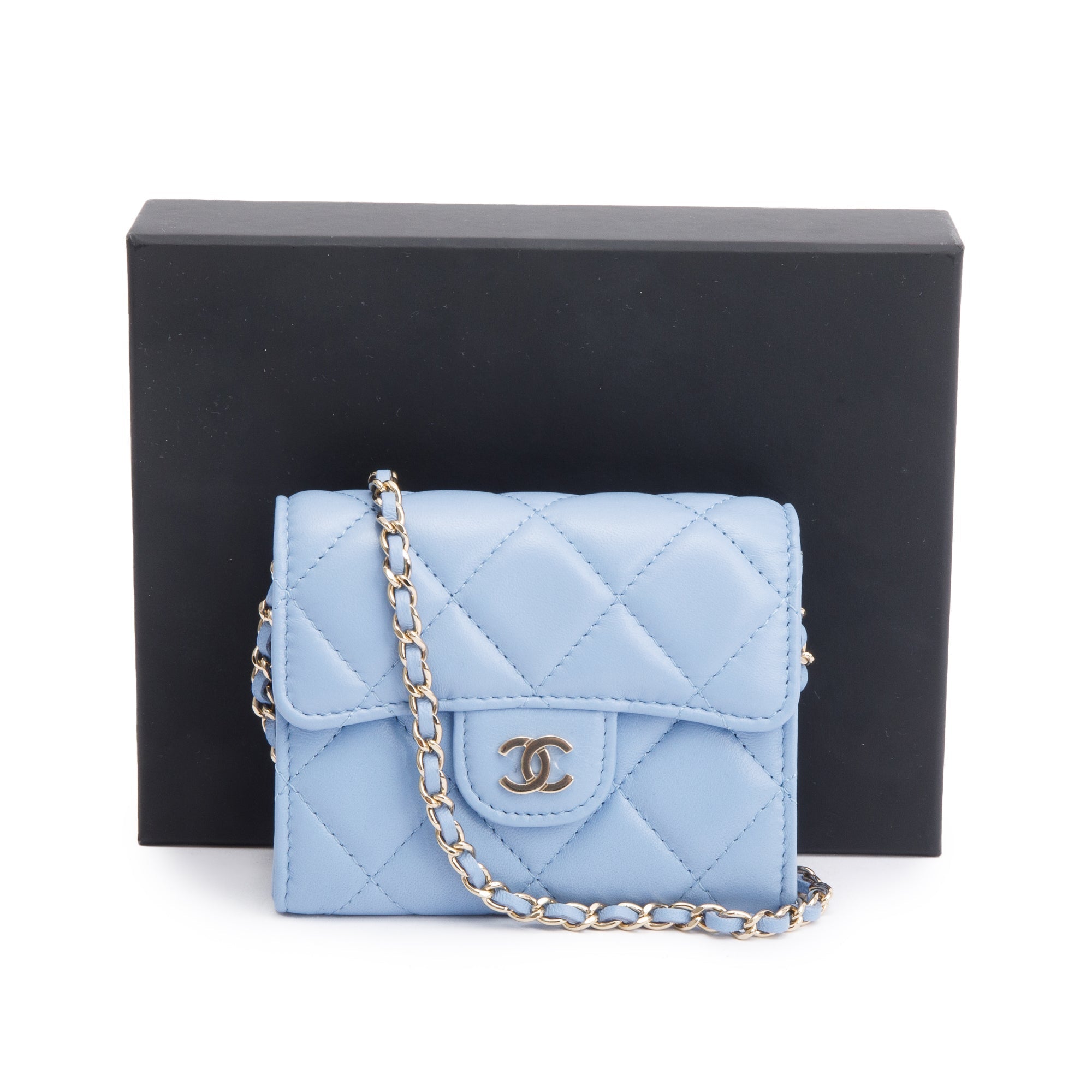 Chanel 2020 Blue Lambskin Quilted Leather Card Holder On Chain w/ Box