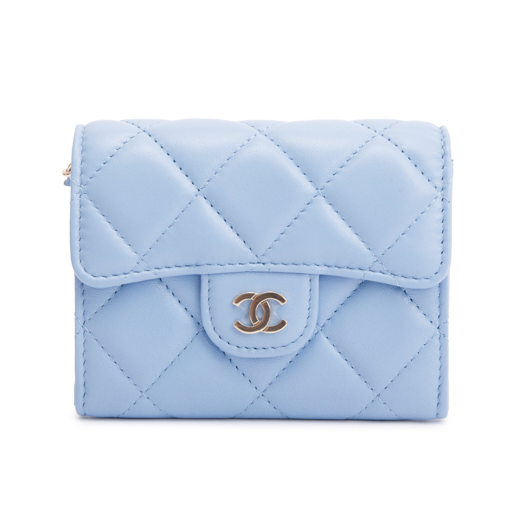 Chanel 2020 Blue Lambskin Quilted Leather Card Holder On Chain w/ Box