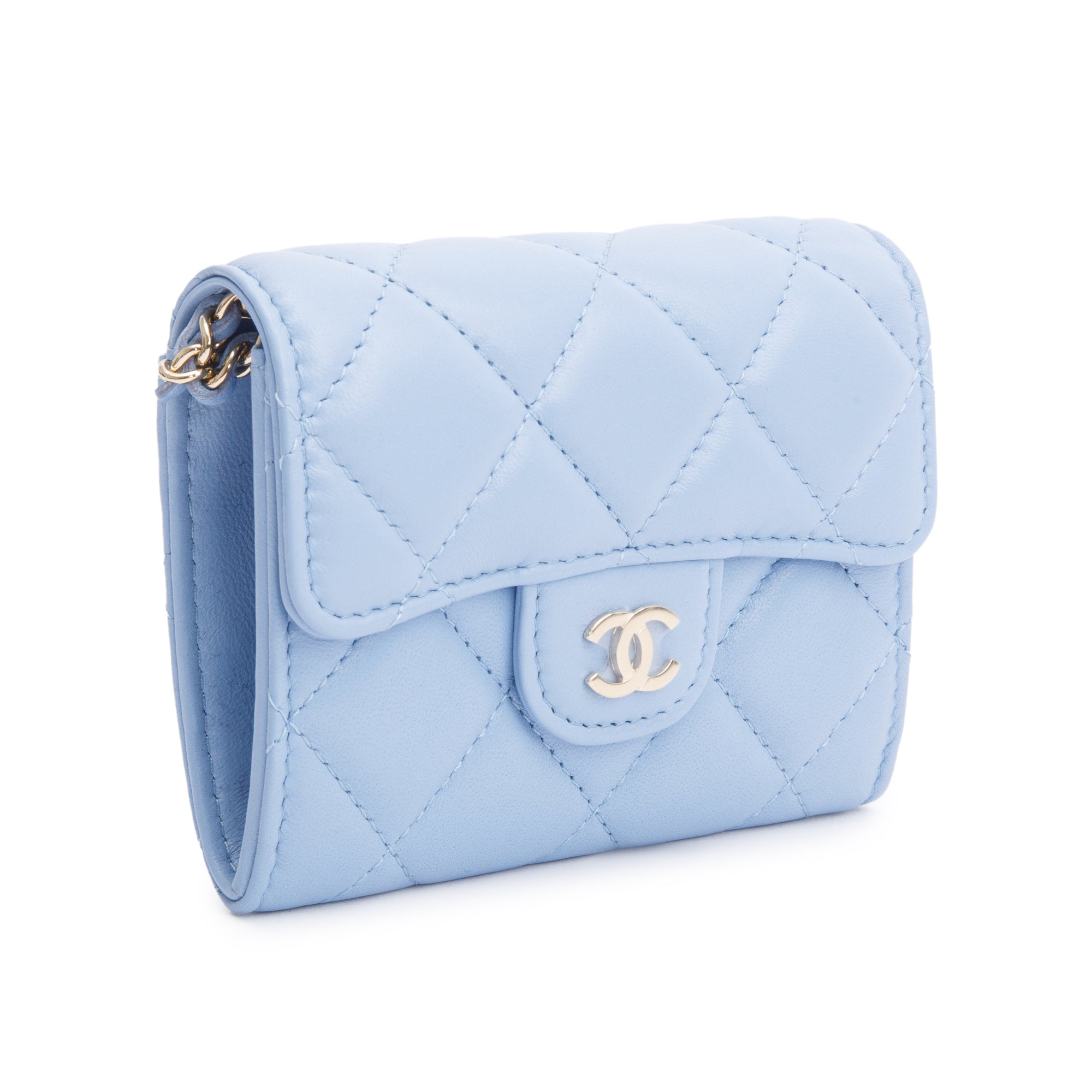 Chanel 2020 Blue Lambskin Quilted Leather Card Holder On Chain w/ Box