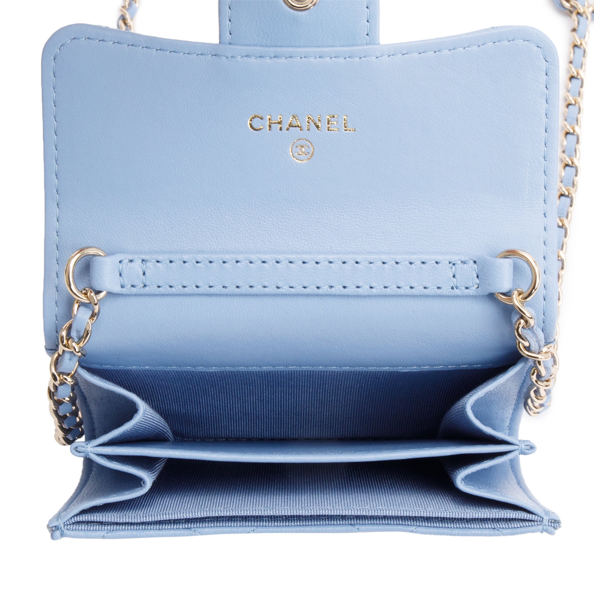Chanel 2020 Blue Lambskin Quilted Leather Card Holder On Chain w/ Box