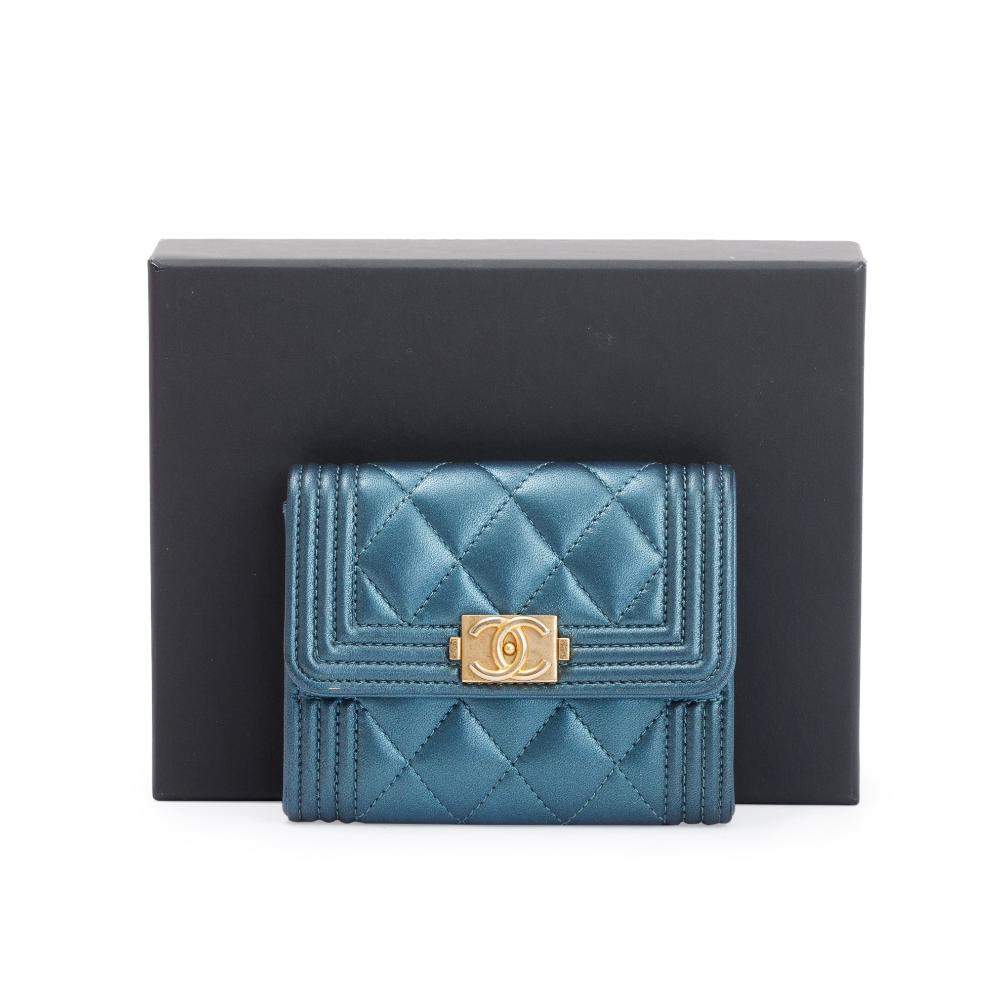 Chanel 2020 Blue Metallic Lambskin Boy Flap Card Holder w/ Box & Authenticity Card