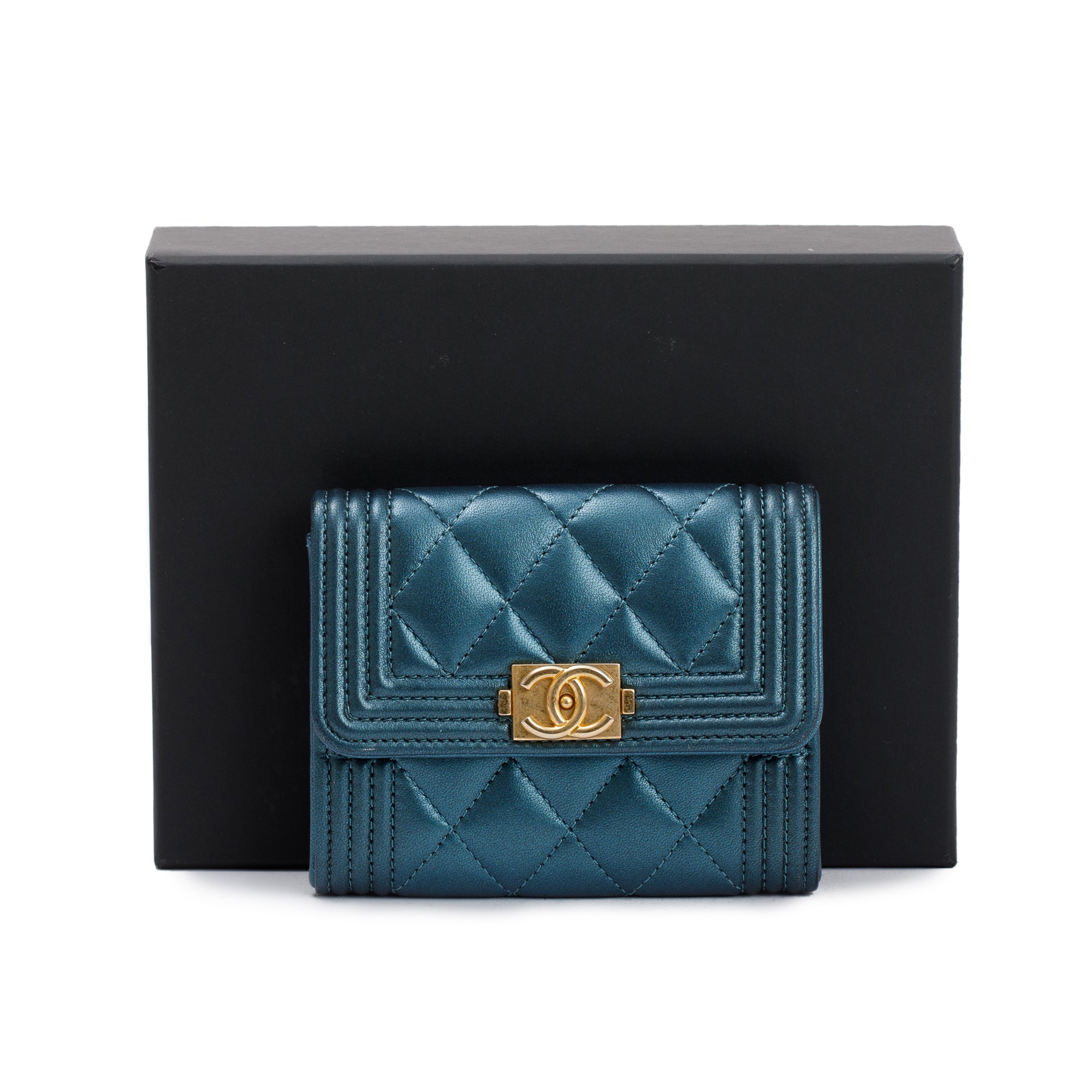 Chanel 2020 Blue Metallic Lambskin Boy Flap Card Holder w/ Box & Authenticity Card