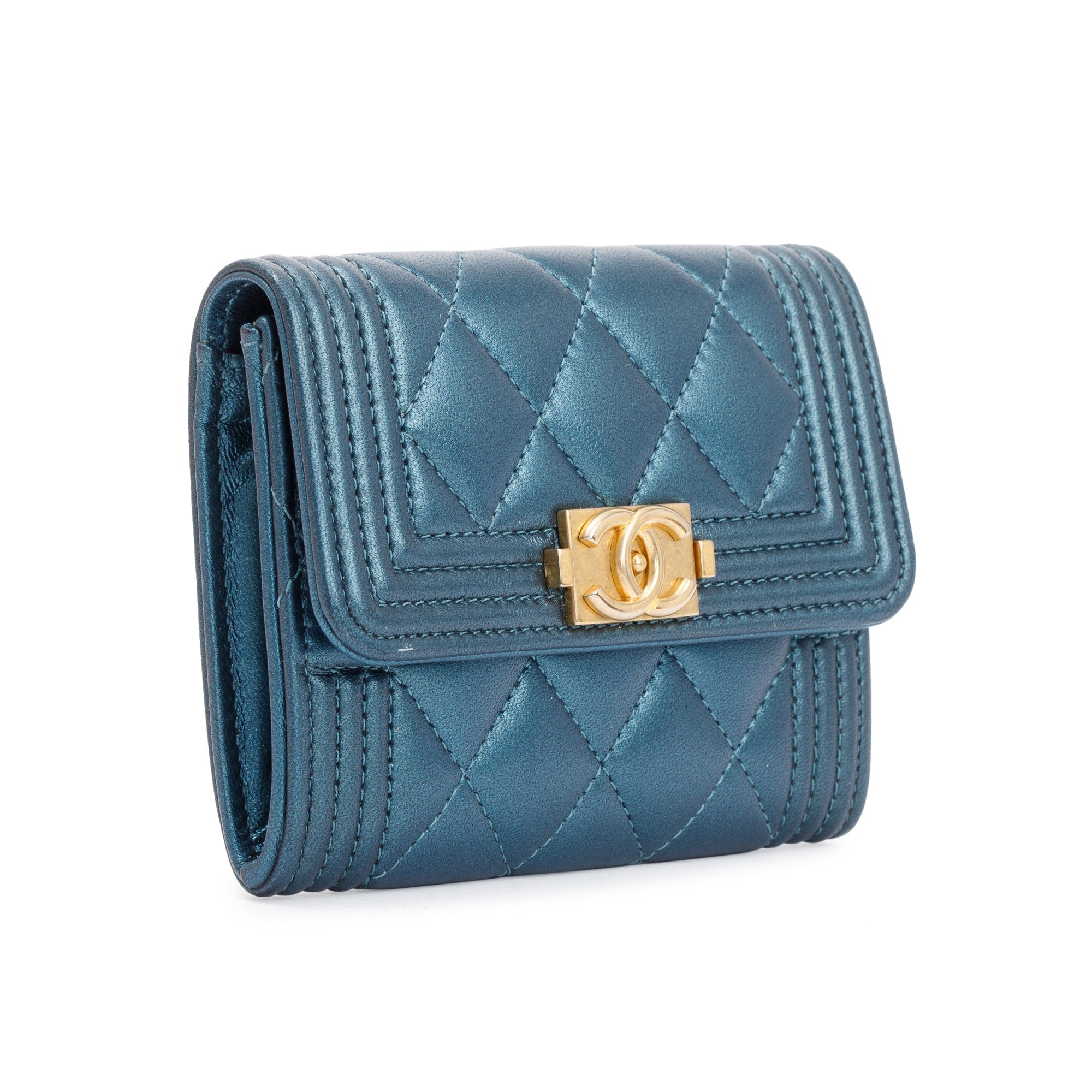 Chanel 2020 Blue Metallic Lambskin Boy Flap Card Holder w/ Box & Authenticity Card