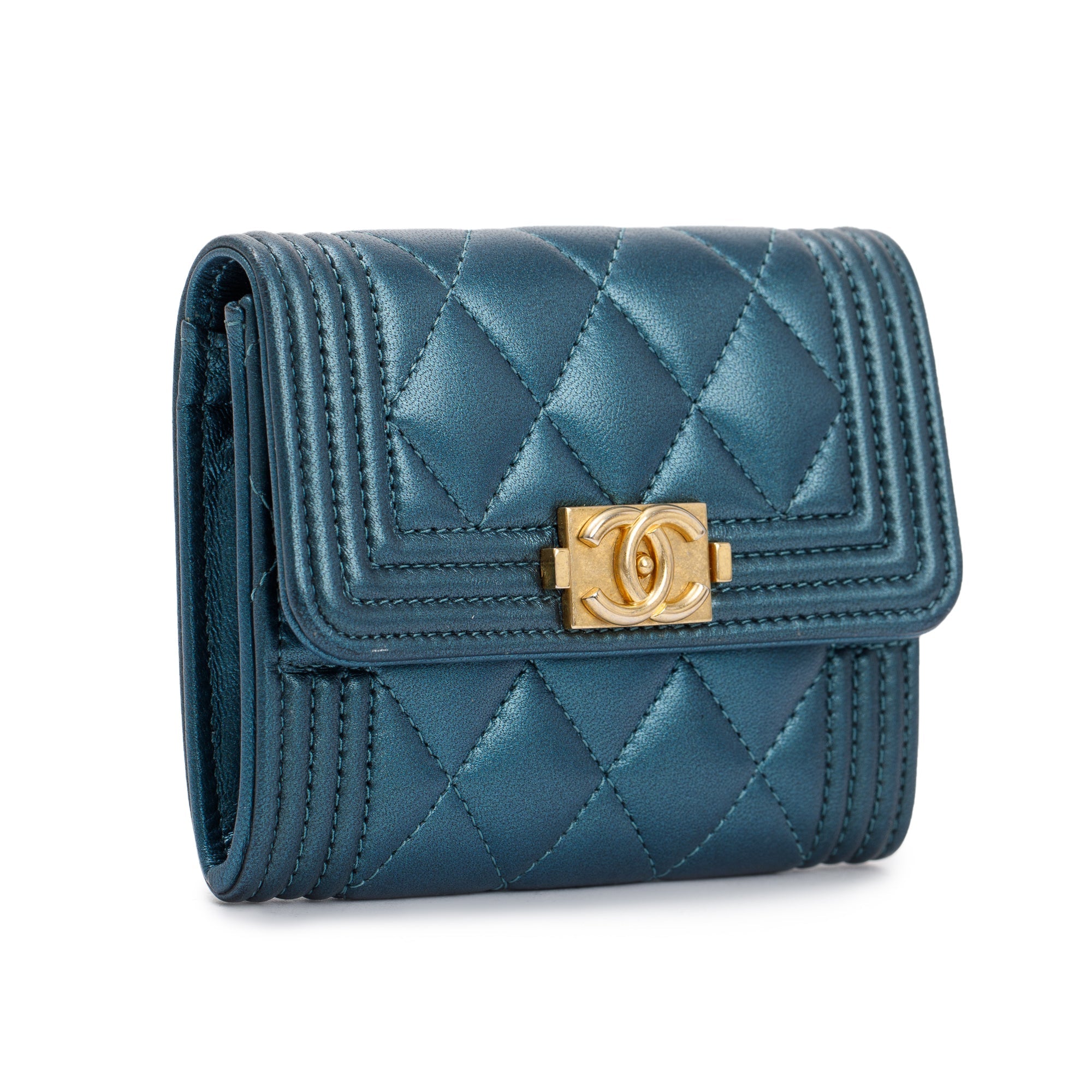 Chanel 2020 Blue Metallic Lambskin Boy Flap Card Holder w/ Box & Authenticity Card