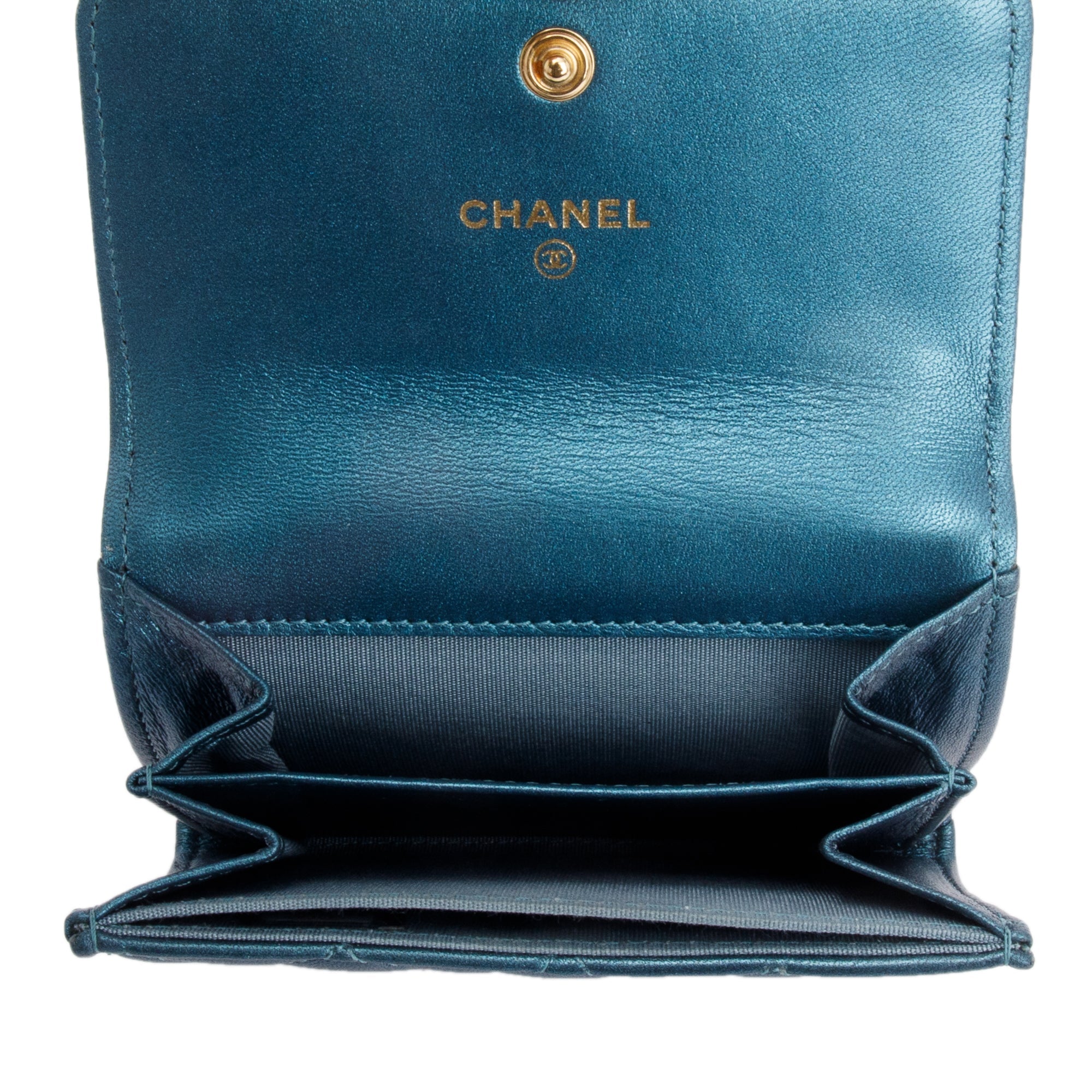 Chanel 2020 Blue Metallic Lambskin Boy Flap Card Holder w/ Box & Authenticity Card