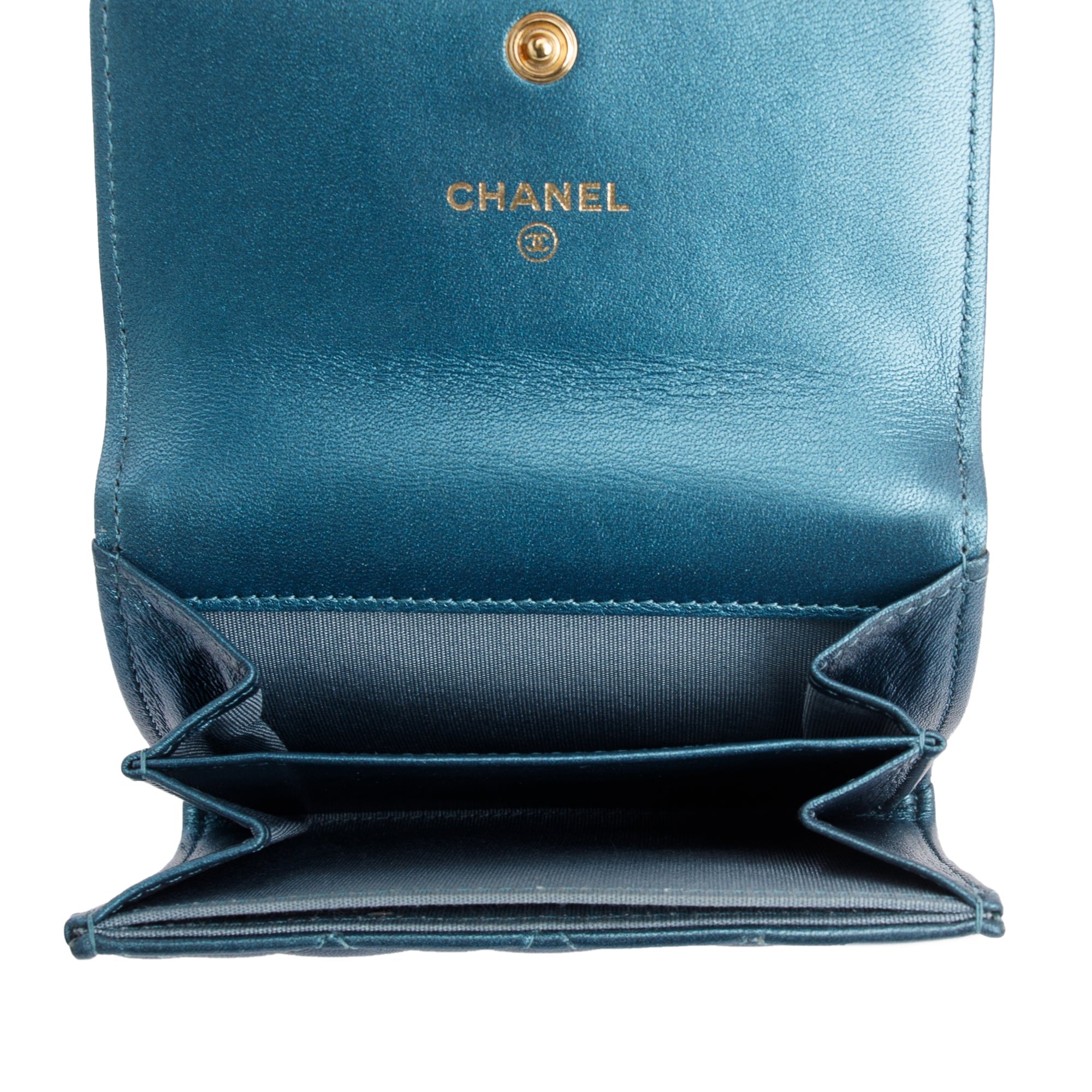 Chanel 2020 Blue Metallic Lambskin Boy Flap Card Holder w/ Box & Authenticity Card