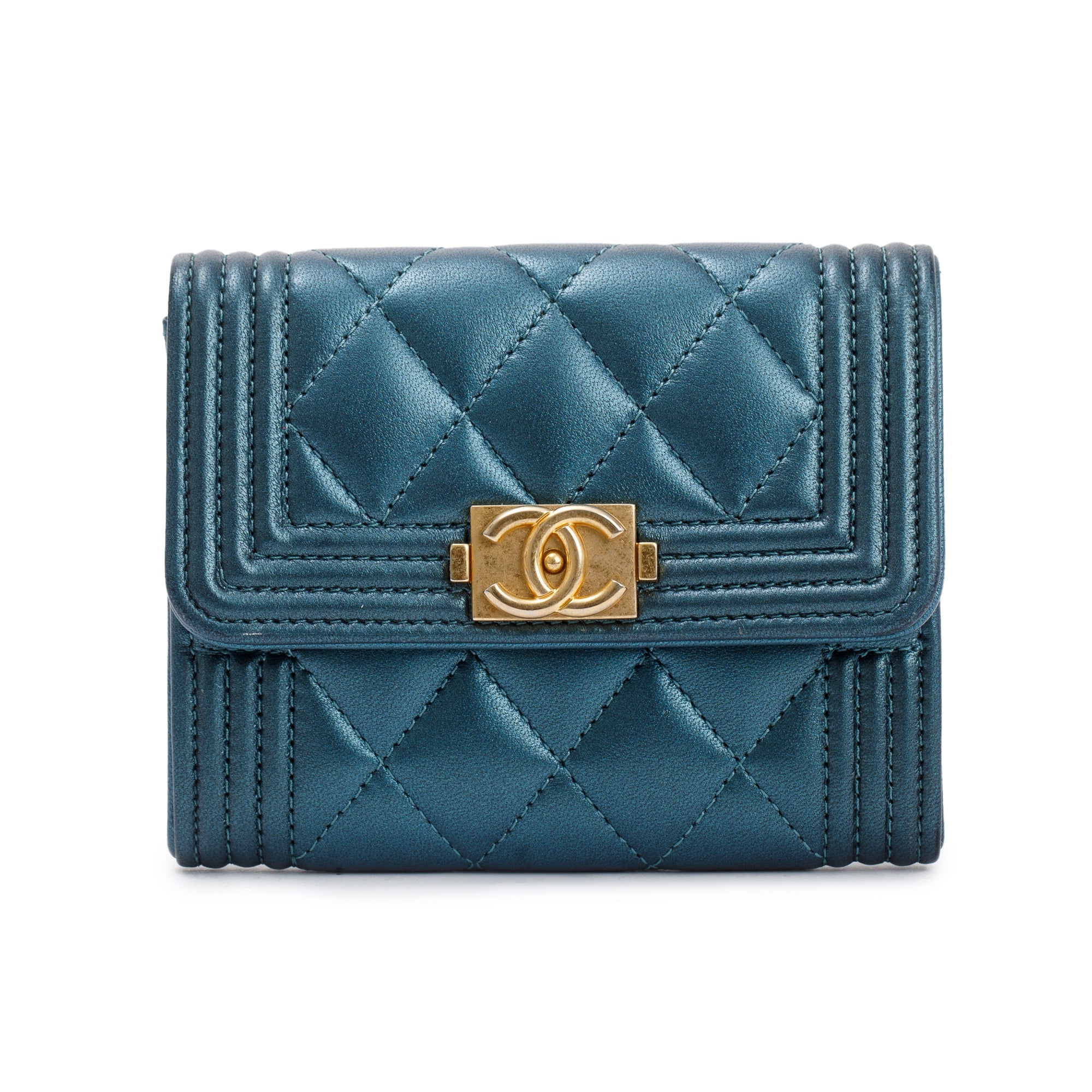 Chanel 2020 Blue Metallic Lambskin Boy Flap Card Holder w/ Box & Authenticity Card