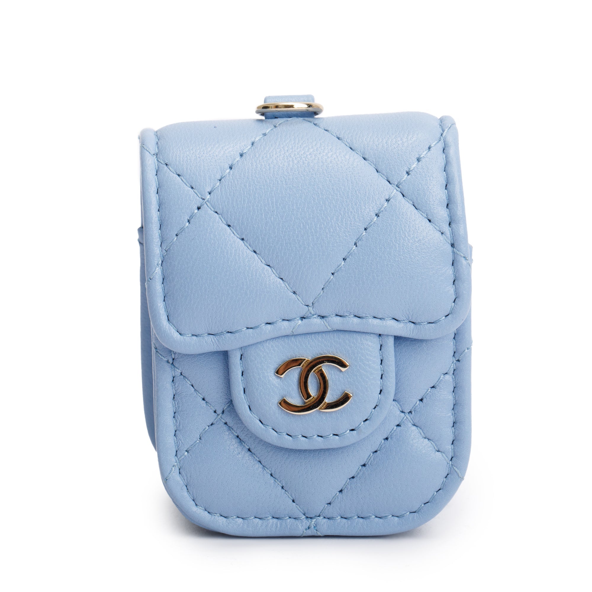 Chanel 2020 Blue Quilted Lambskin Leather Airpods Flap Case on Chain w/ Box & Authenticity Card