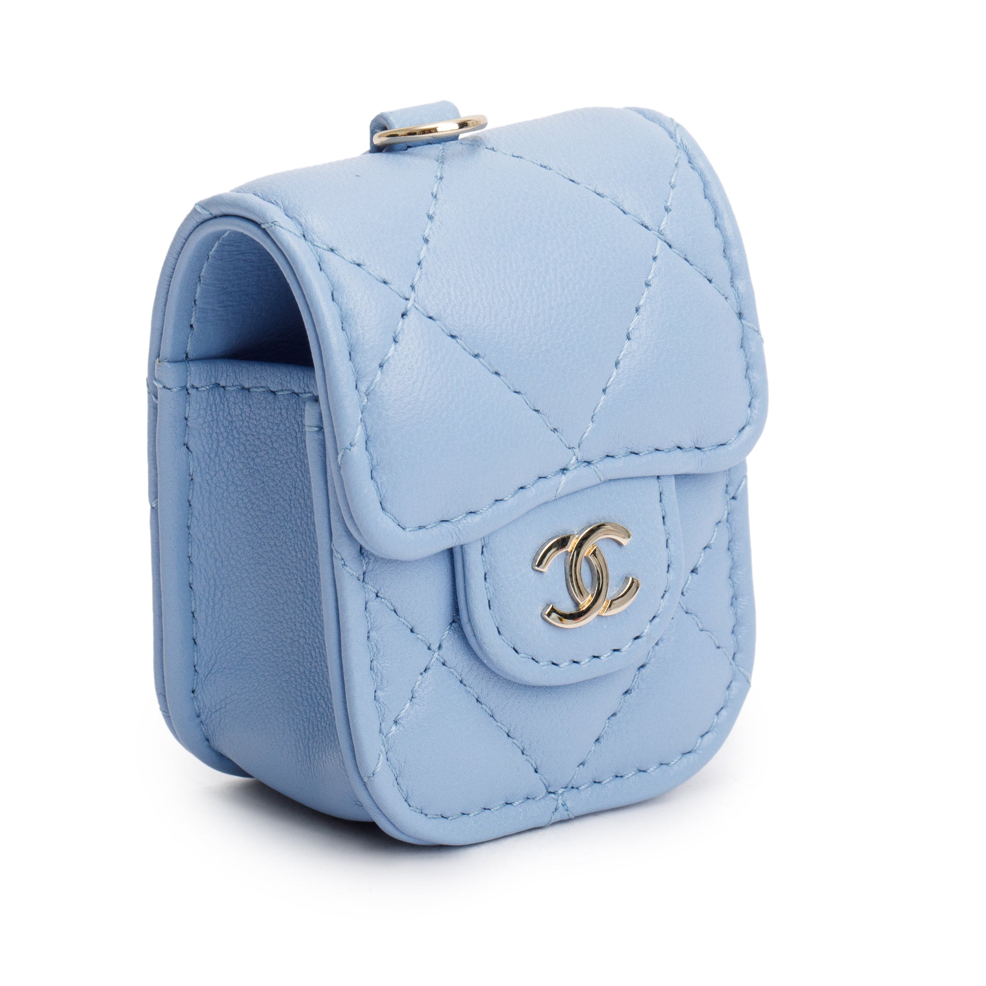 Chanel 2020 Blue Quilted Lambskin Leather Airpods Flap Case on Chain w/ Box & Authenticity Card