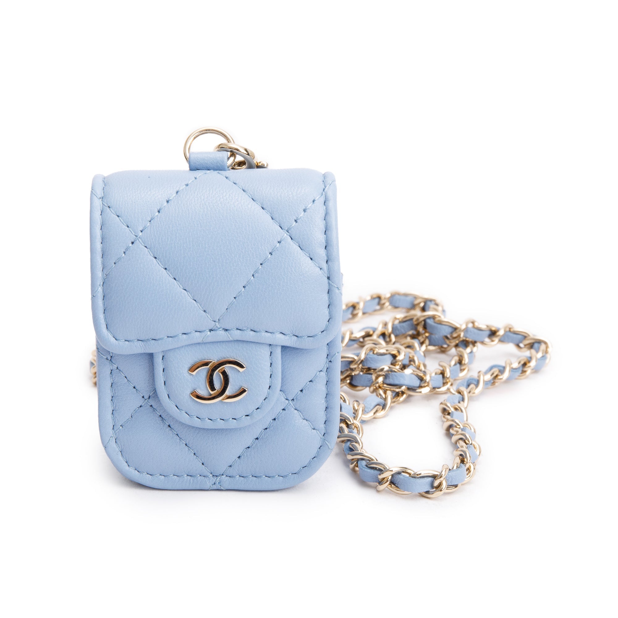 Chanel 2020 Blue Quilted Lambskin Leather Airpods Flap Case on Chain w/ Box & Authenticity Card