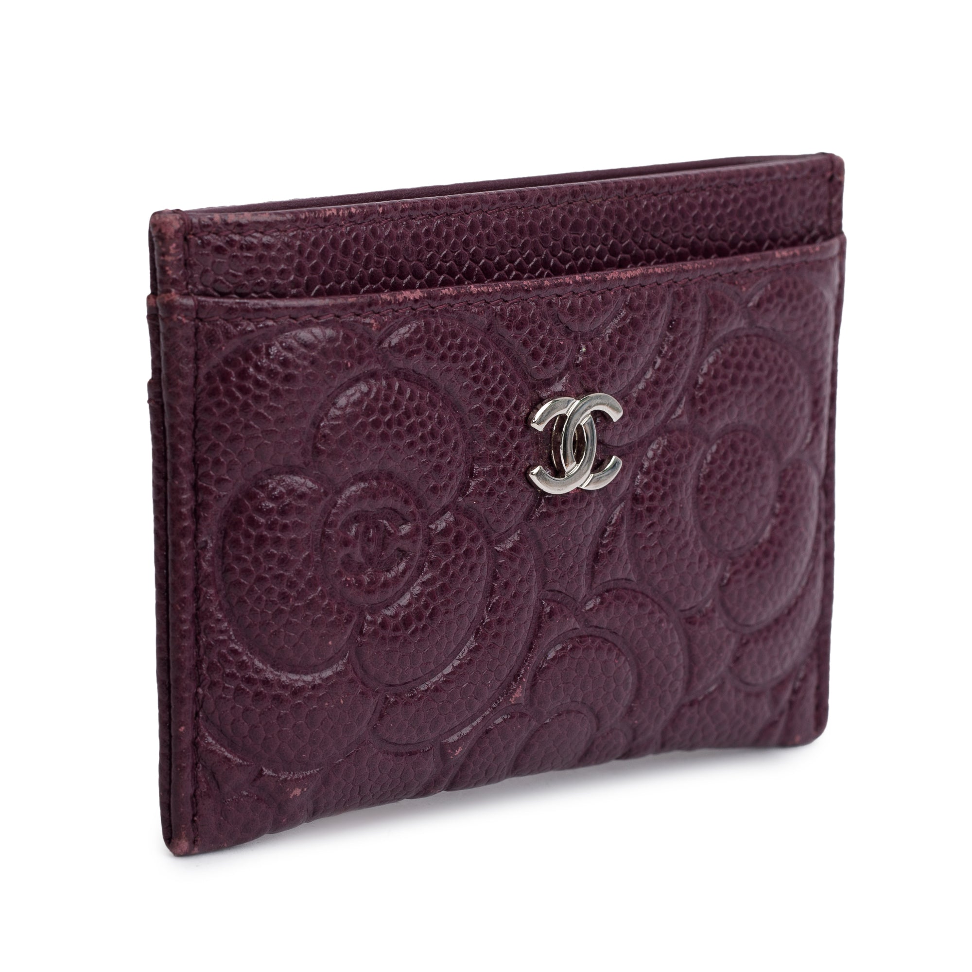 Chanel 2020 Burgundy Camellia Embossed Caviar Leather Classic Card Holder w/ Authenticity Card