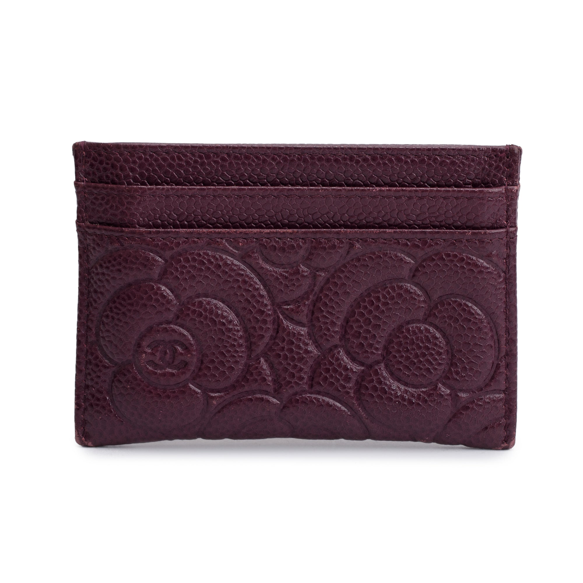 Chanel 2020 Burgundy Camellia Embossed Caviar Leather Classic Card Holder w/ Authenticity Card