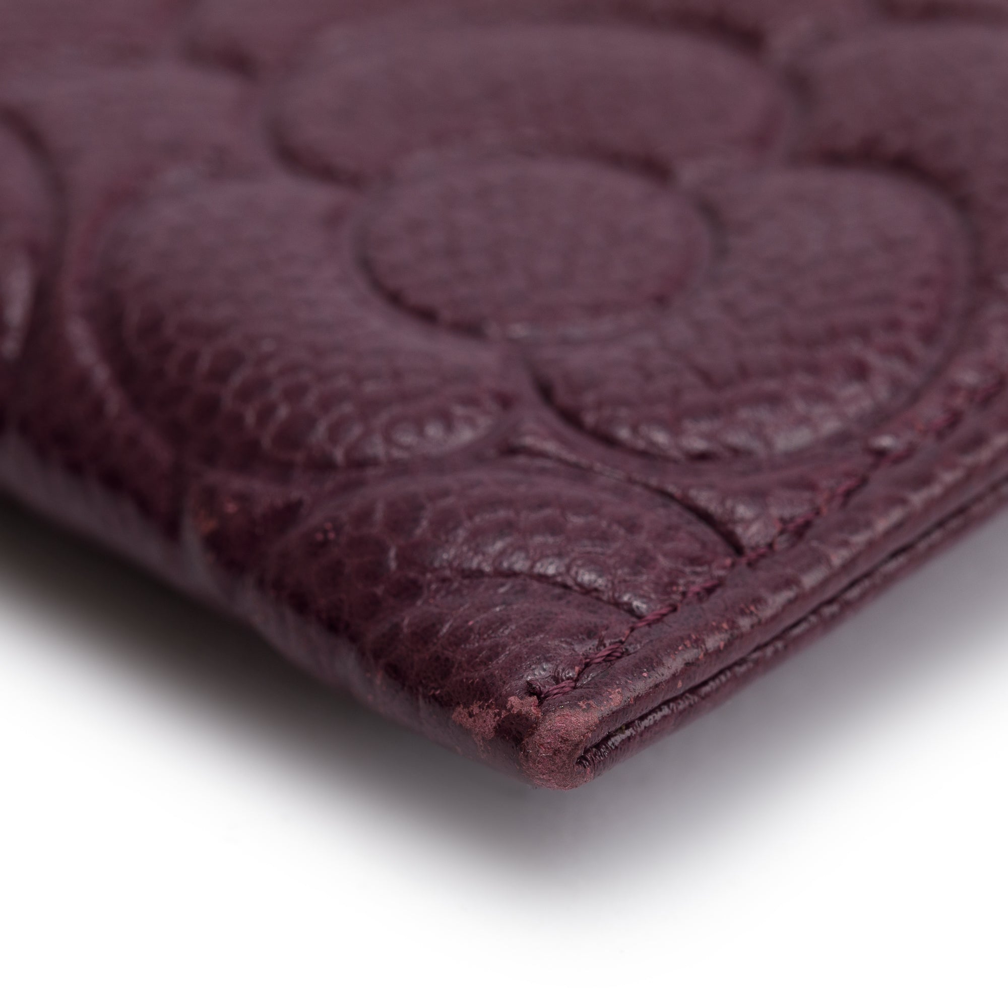 Chanel 2020 Burgundy Camellia Embossed Caviar Leather Classic Card Holder w/ Authenticity Card