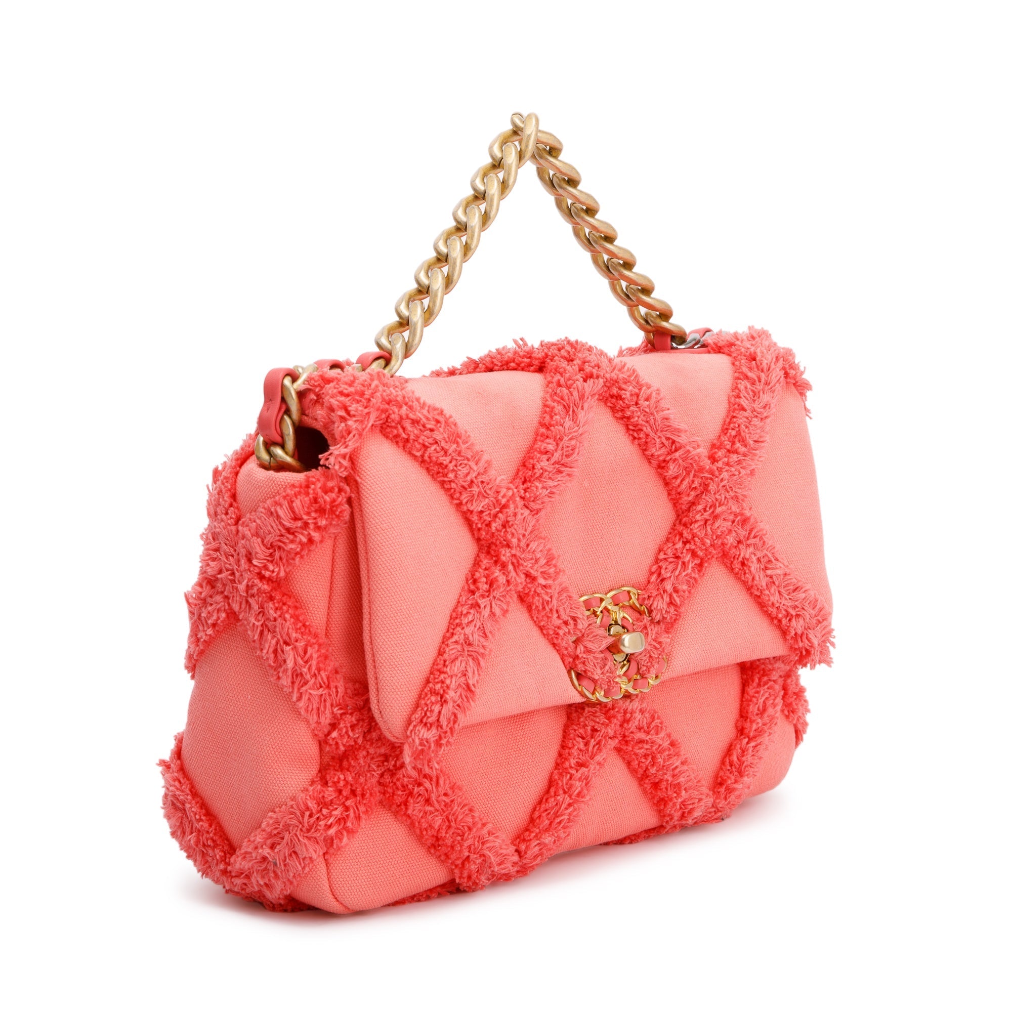 Chanel 2020 Coral Quilted Cotton Canvas Medium 19 Flap Bag w/ Box, Receipt & Authenticity Card