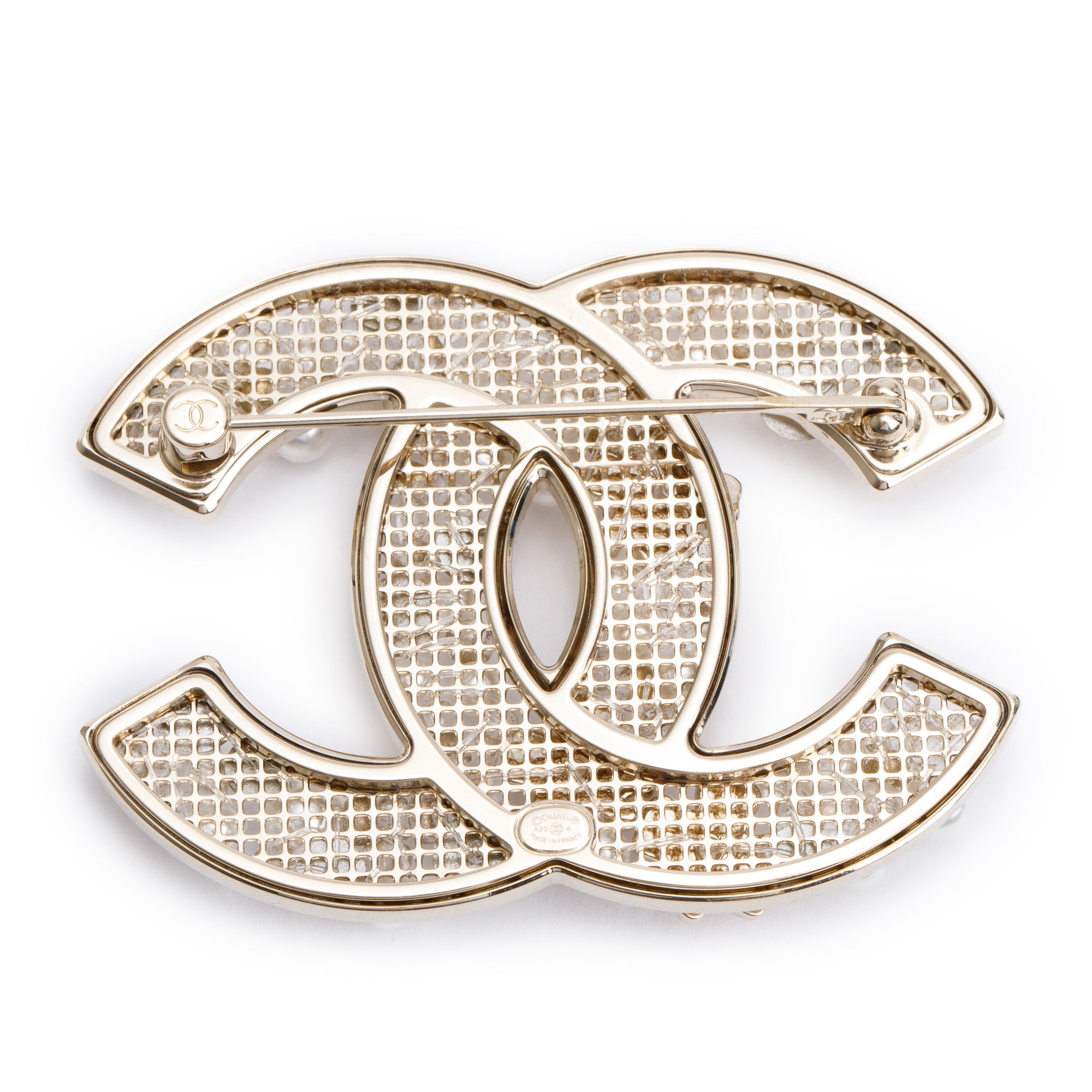 Chanel 2020 Gold Plated Faux Pearl & Crystals CC Brooch